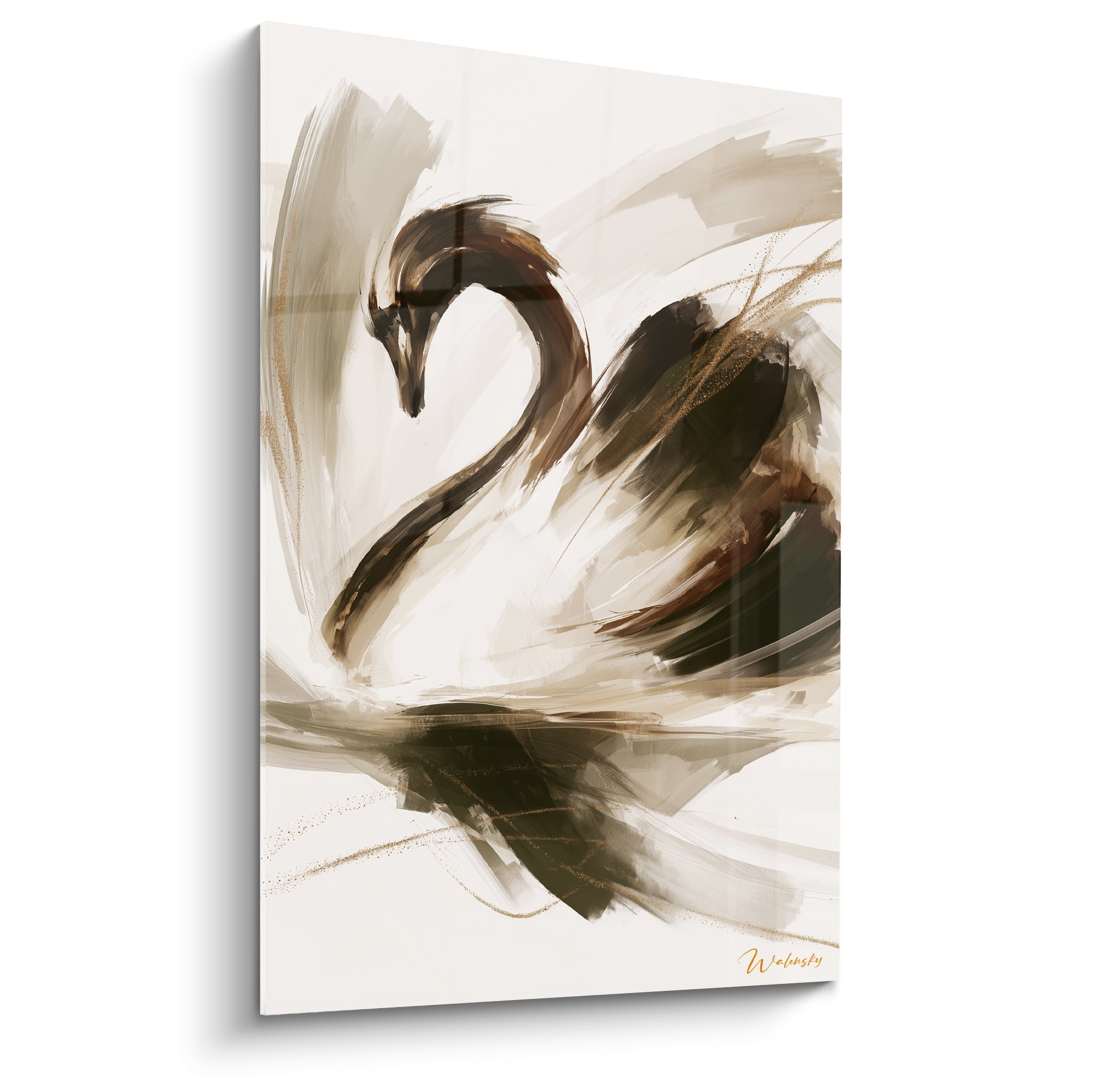 Cygne au cou brun et anthracite courbé, touches dorées sur fond ivoire texturé