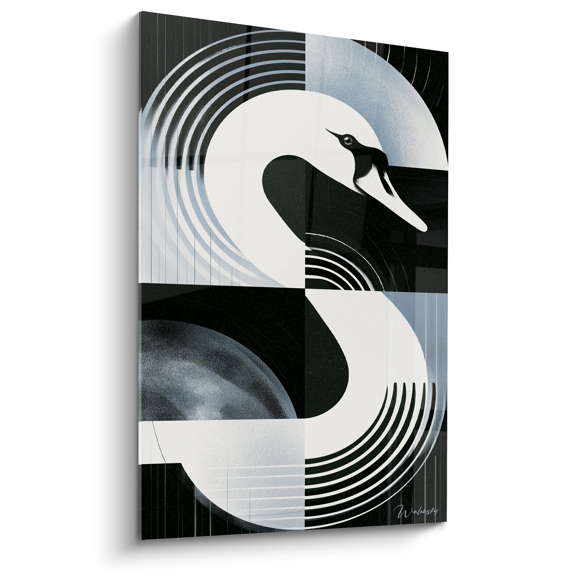 Cygne graphique en cercles concentriques noir et blanc, col courbé, œil noir intense
