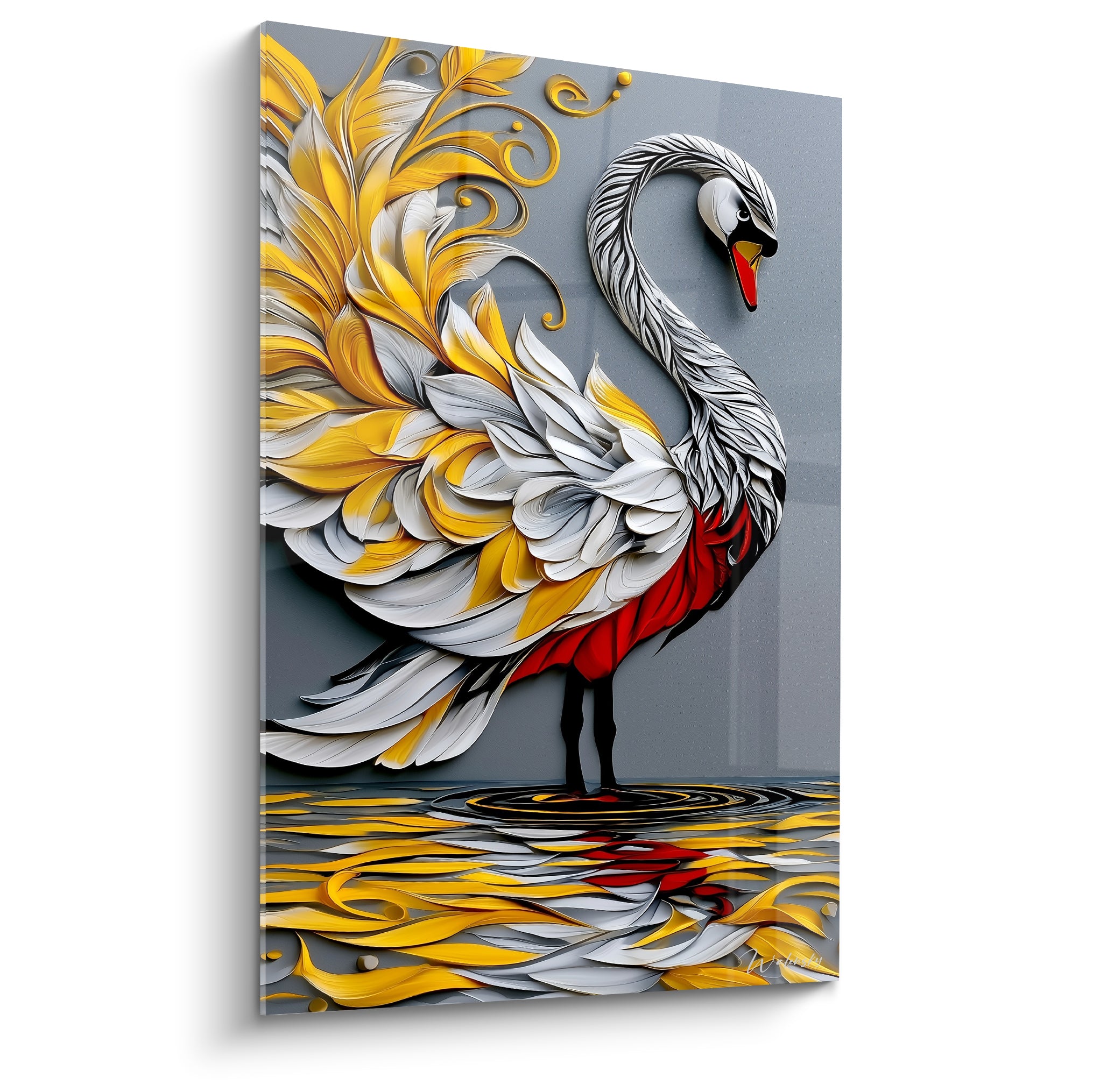 Cygne blanc et doré déployant son plumage sur fond gris anthracite avec reflets rouges