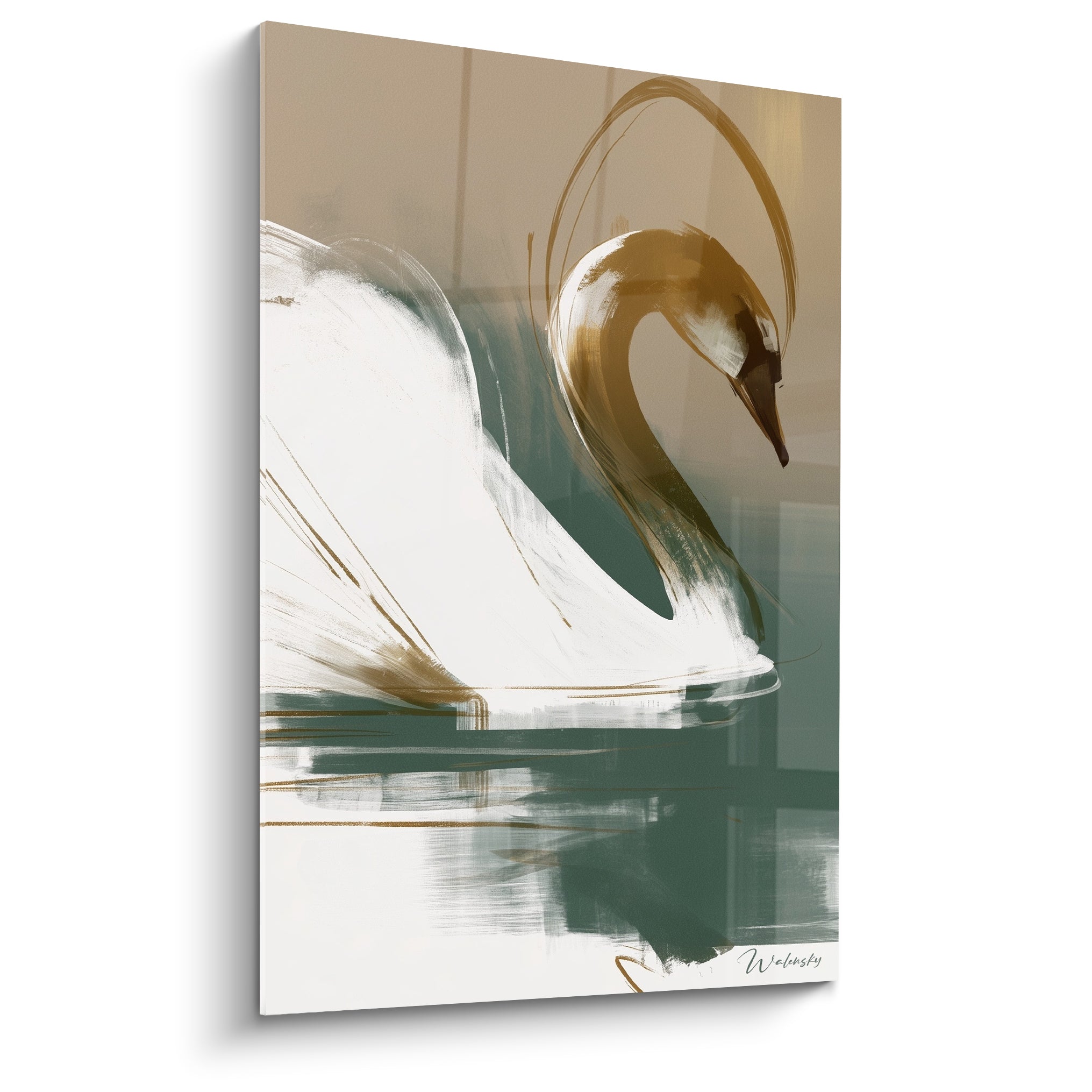 Cygne blanc au cou doré incliné, plumage crème sur fond beige et eau vert sauge