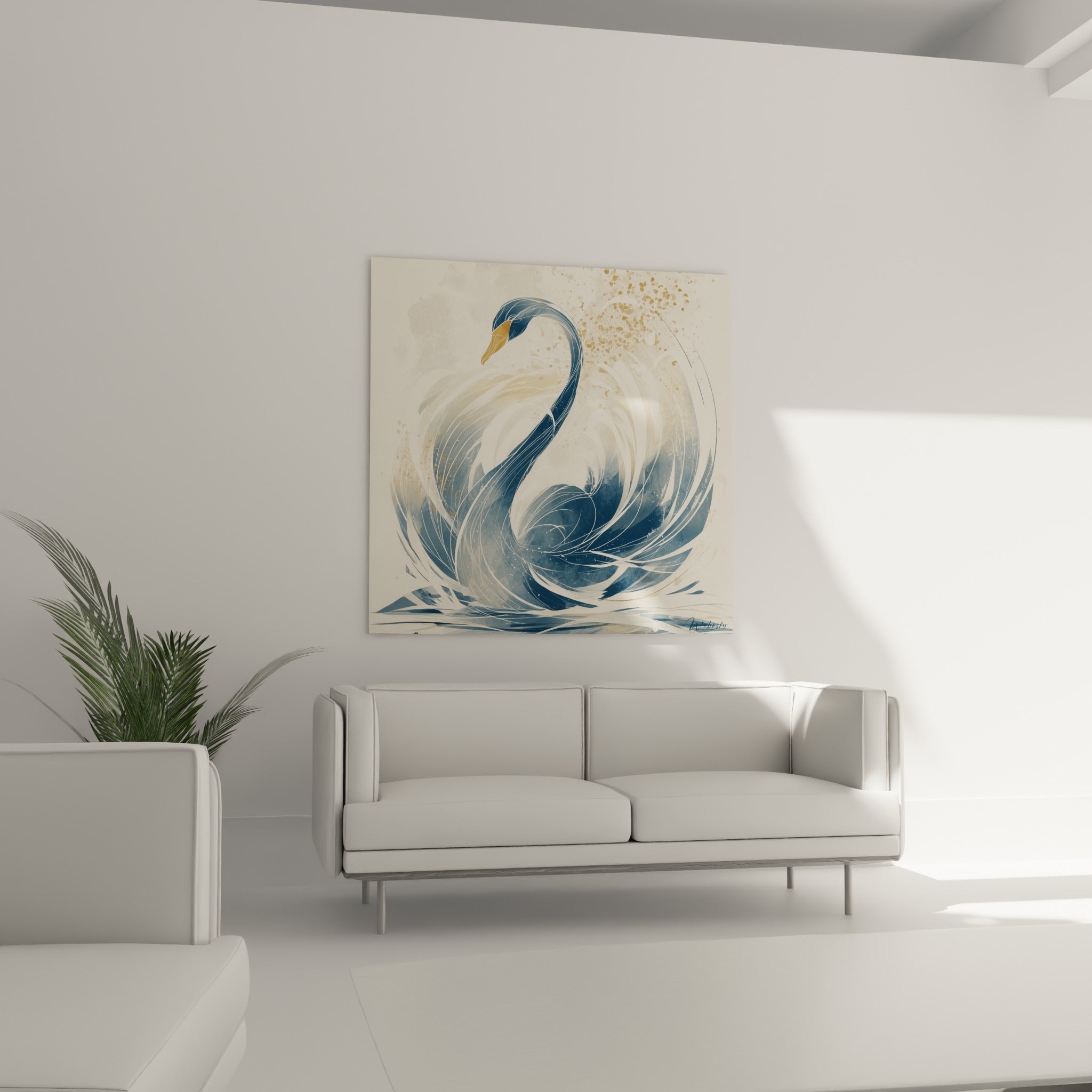 Silhouette élégante d'un cygne bleu marine et crème, disposée au-dessus d'un canapé dans un salon lumineux