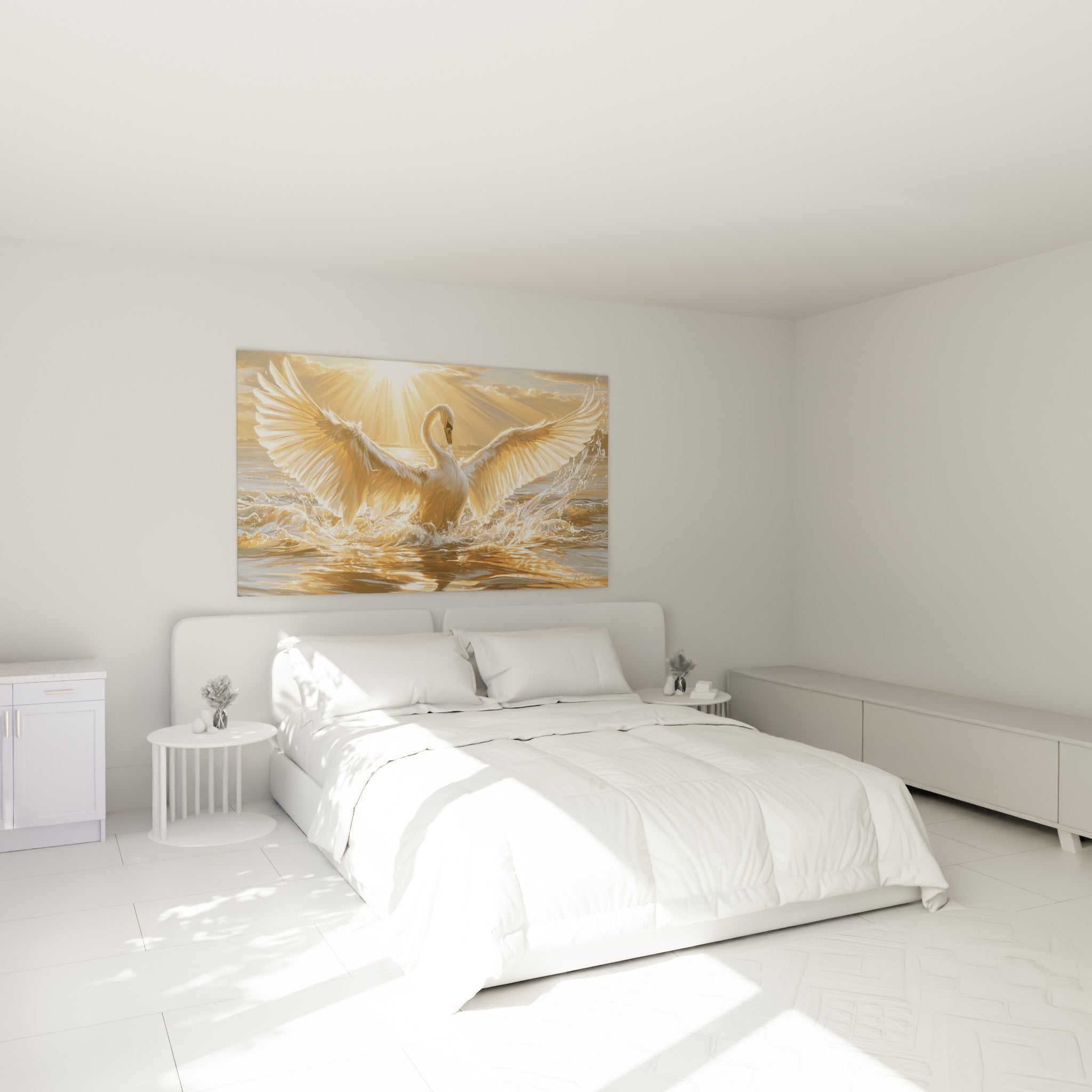 Envol du cygne blanc dans une lumière ambrée, au-dessus d'un lit dans une chambre claire