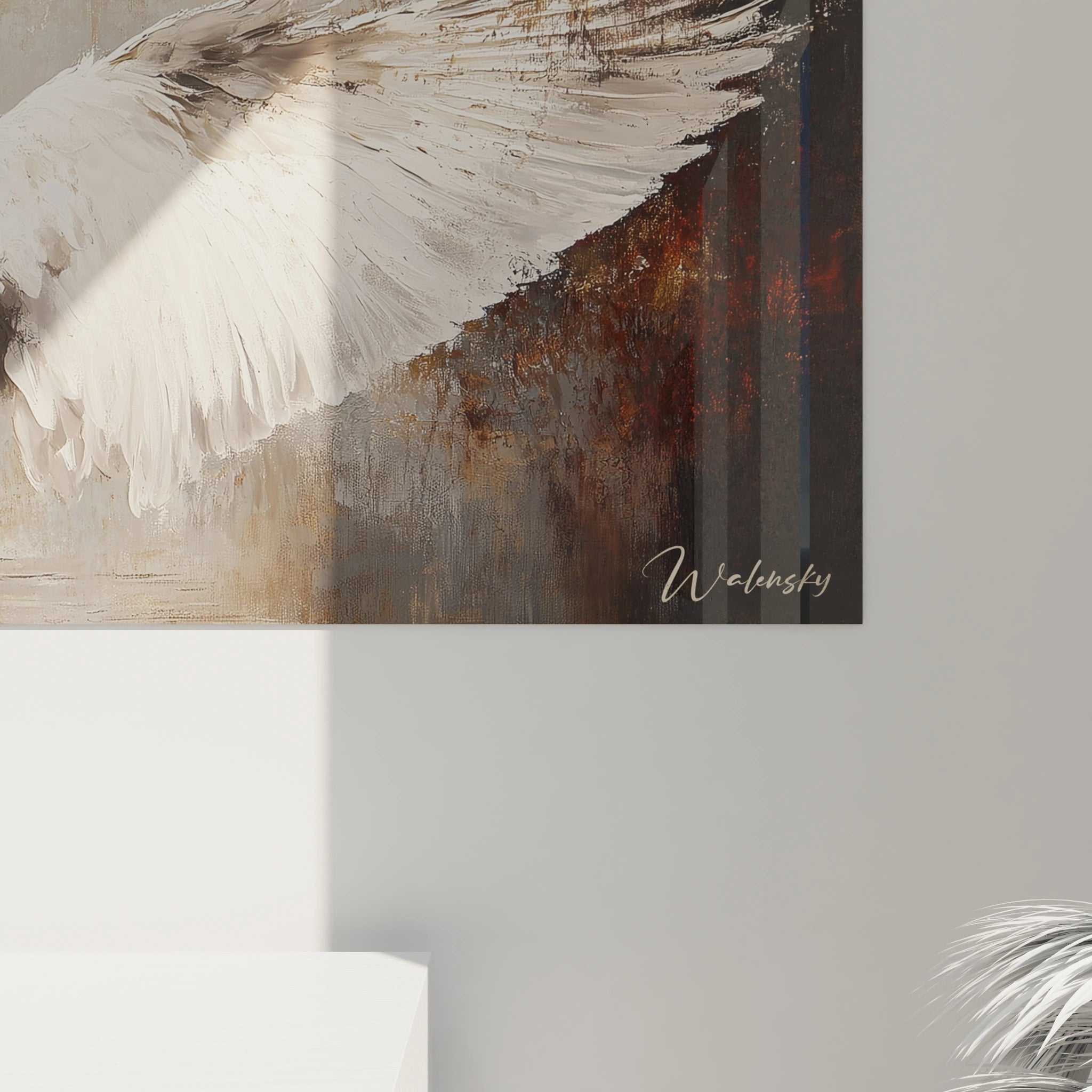 Tableau représentant un cygne blanc élégant sur fond artistique, signé Walensky