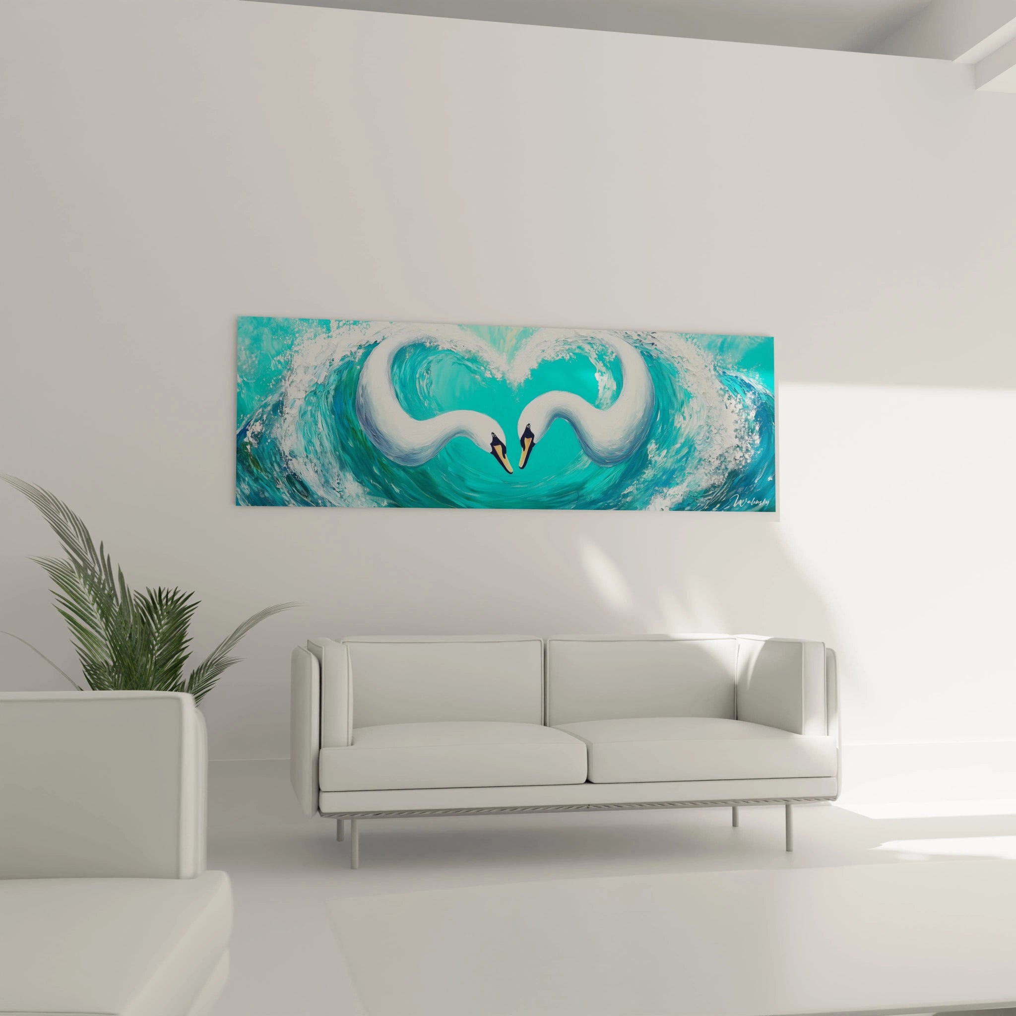 Tableau cygne Walensky représentant deux cygnes formant un cœur dans des vagues turquoise