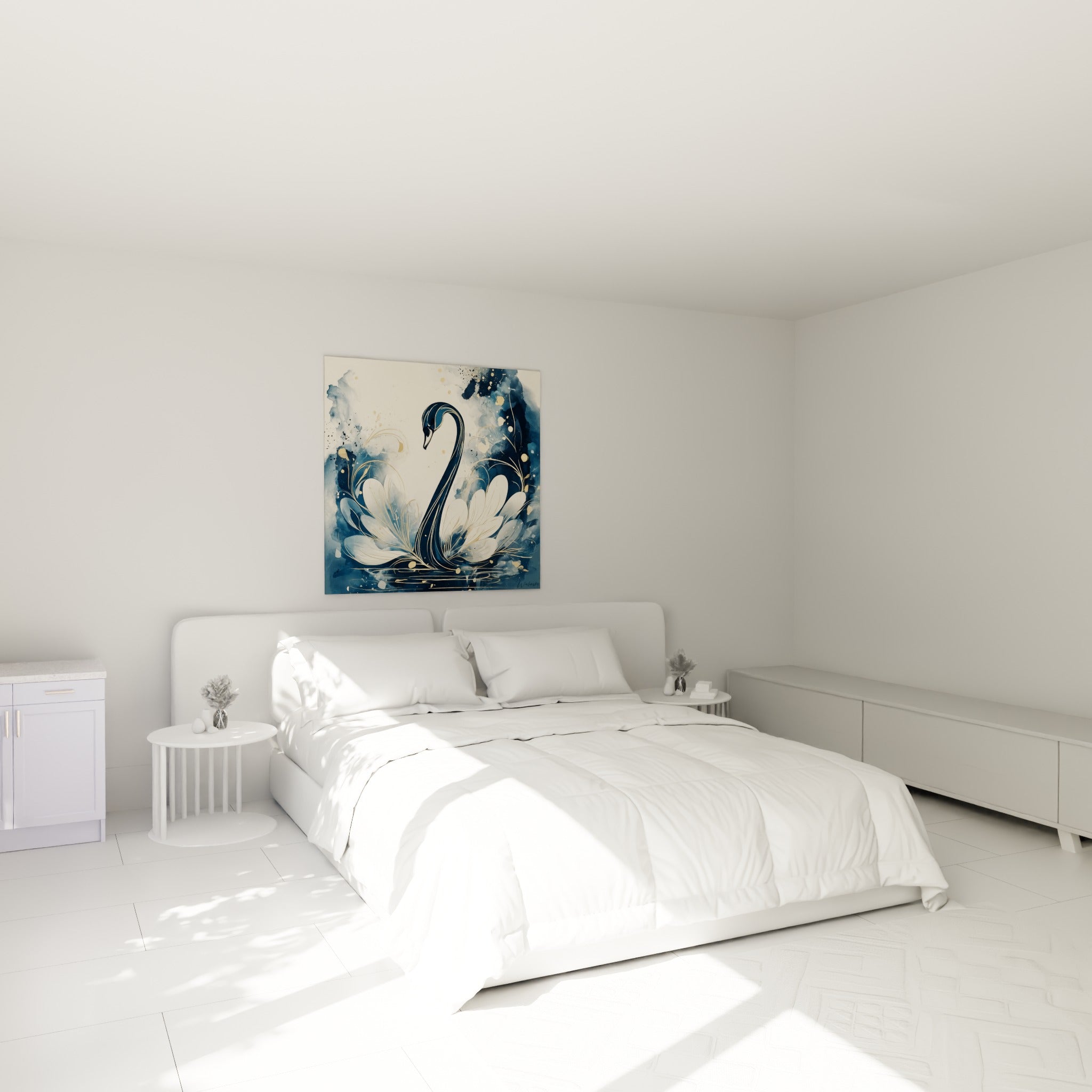 Silhouette de cygne doré et bleu nuit accrochée au-dessus d'un lit dans une chambre claire