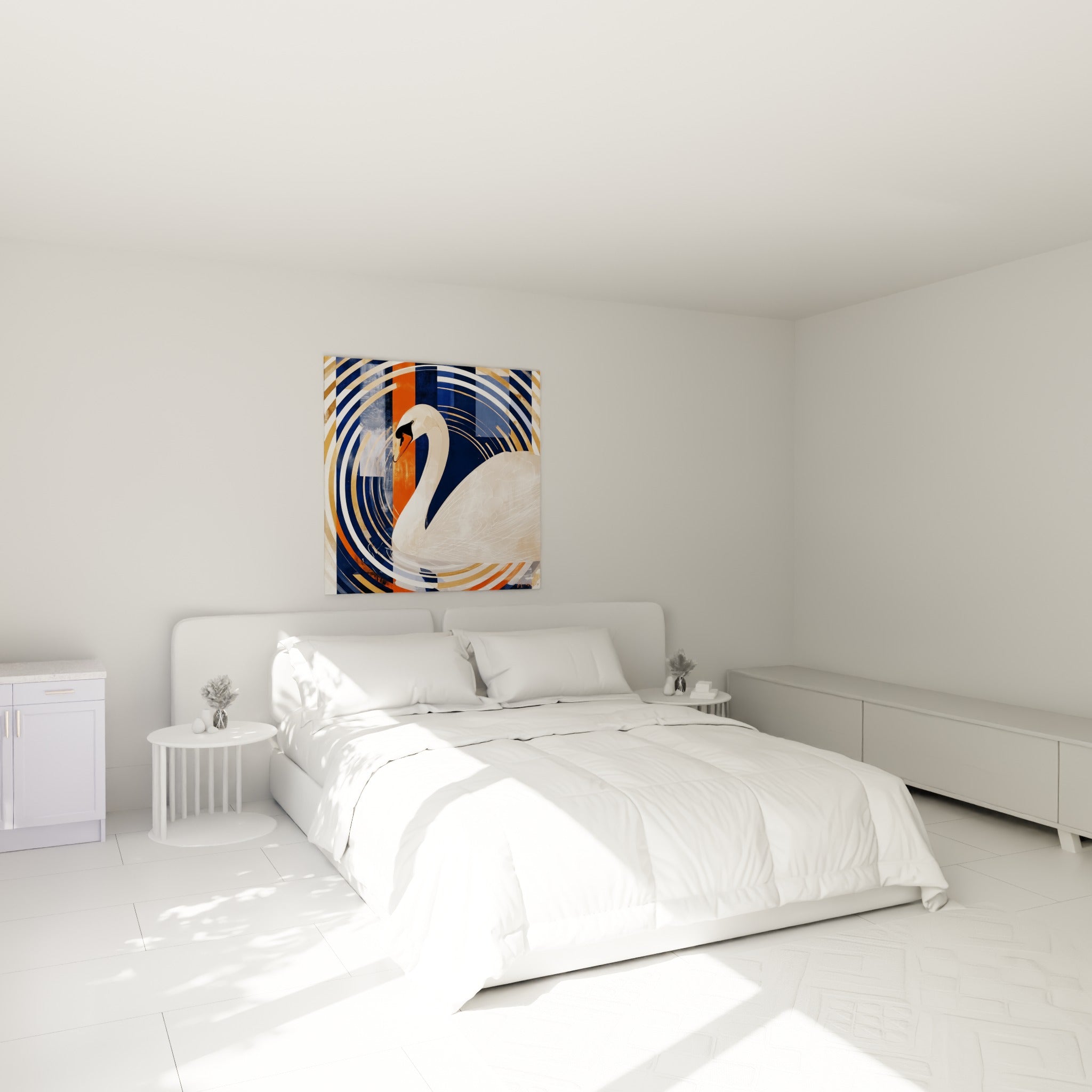Plumage blanc et bec orangé du cygne, tableau accroché au-dessus d'un lit dans une chambre claire