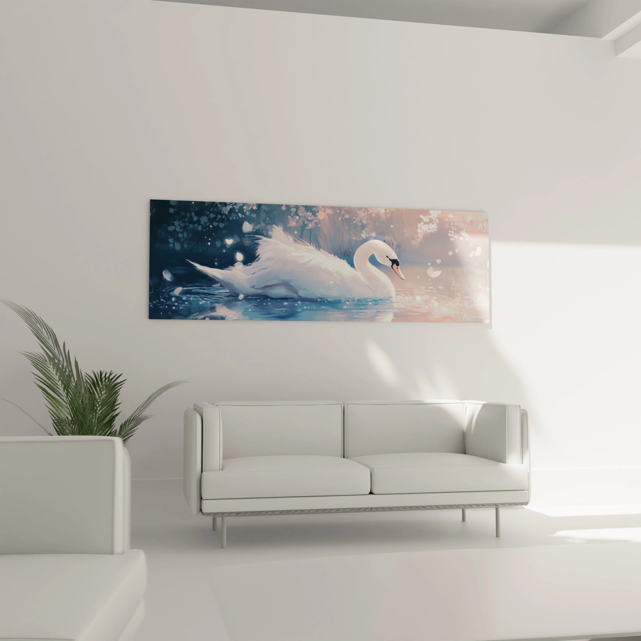 Tableau représentant un cygne majestueux flottant sur l'eau, signé par Walensky