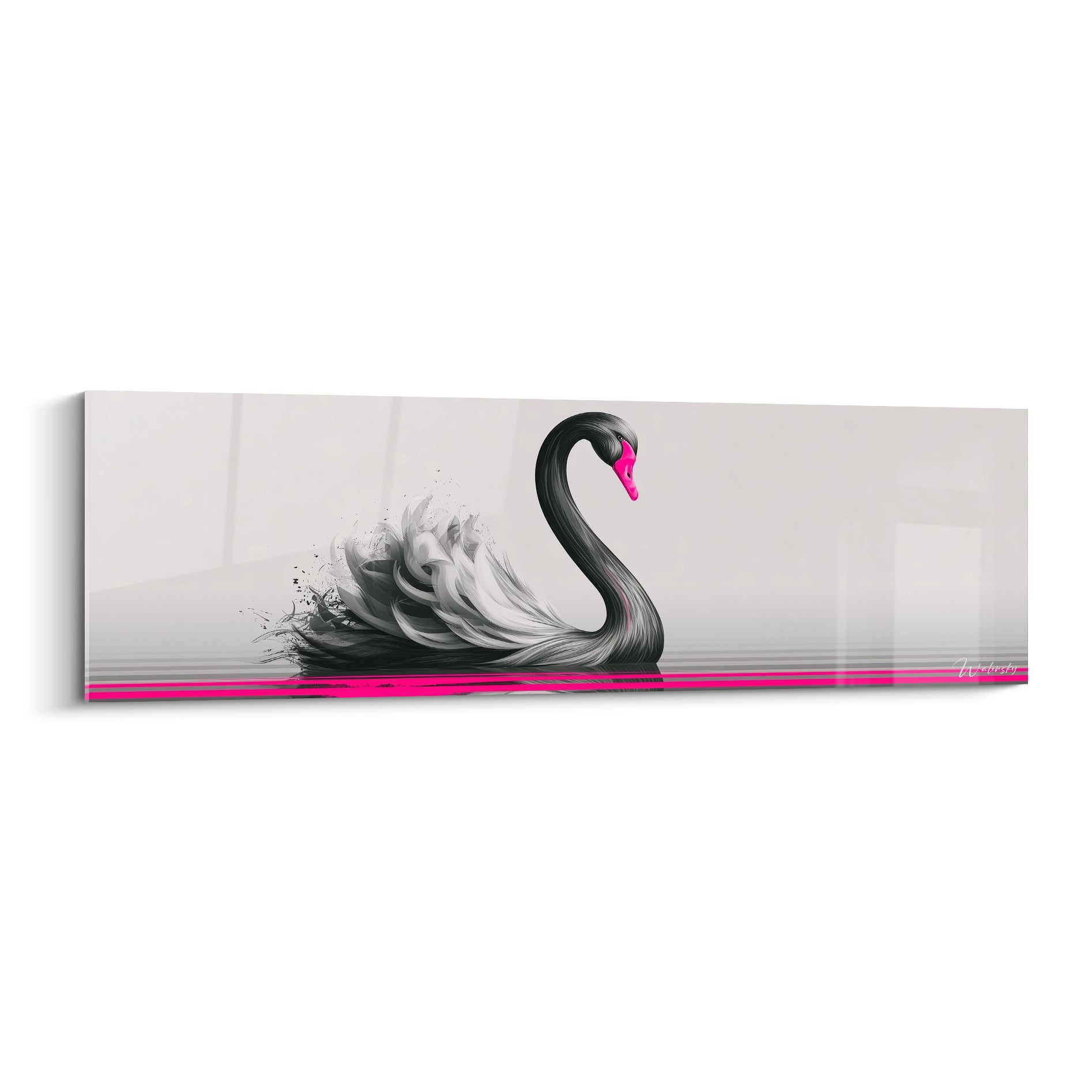Cygne noir aux plumes texturées et bec fuchsia sur fond gris clair épuré