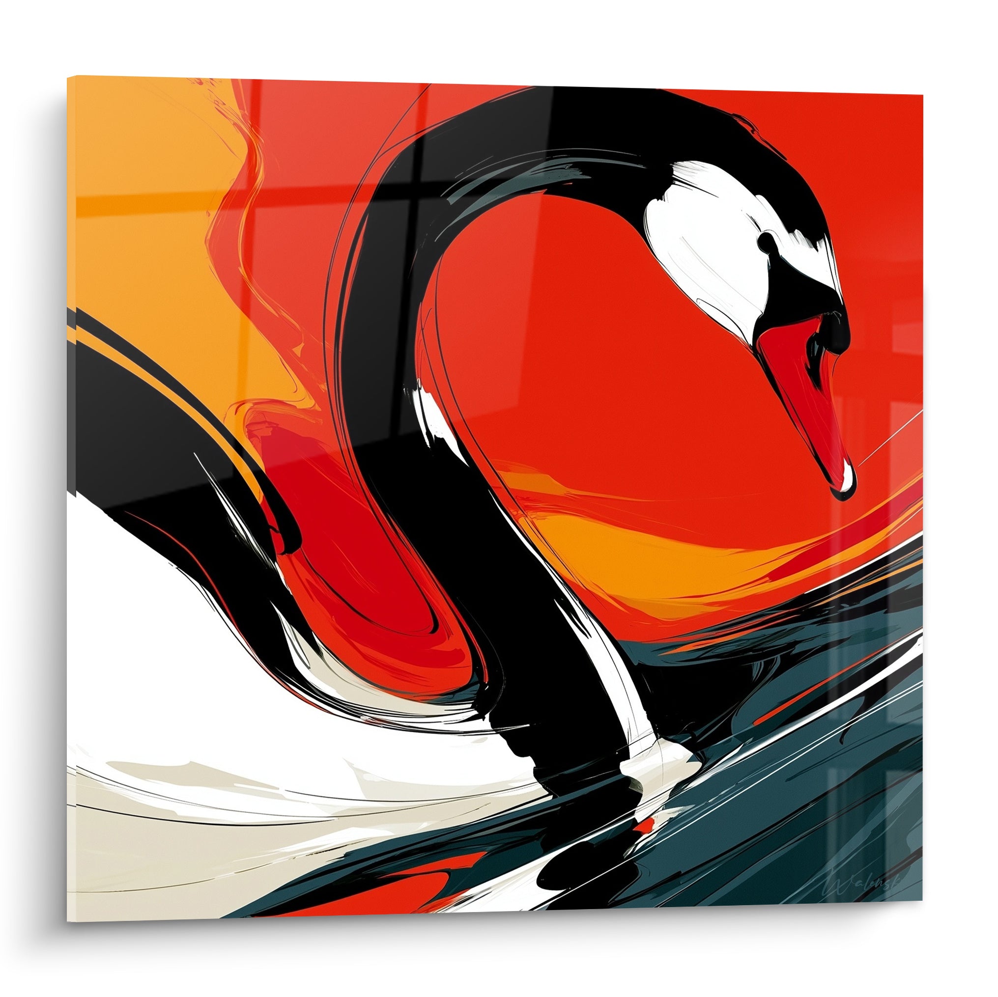 Cygne noir au bec rouge vif se dessine sur un fond orangé et rouge intense, style graphique expressif