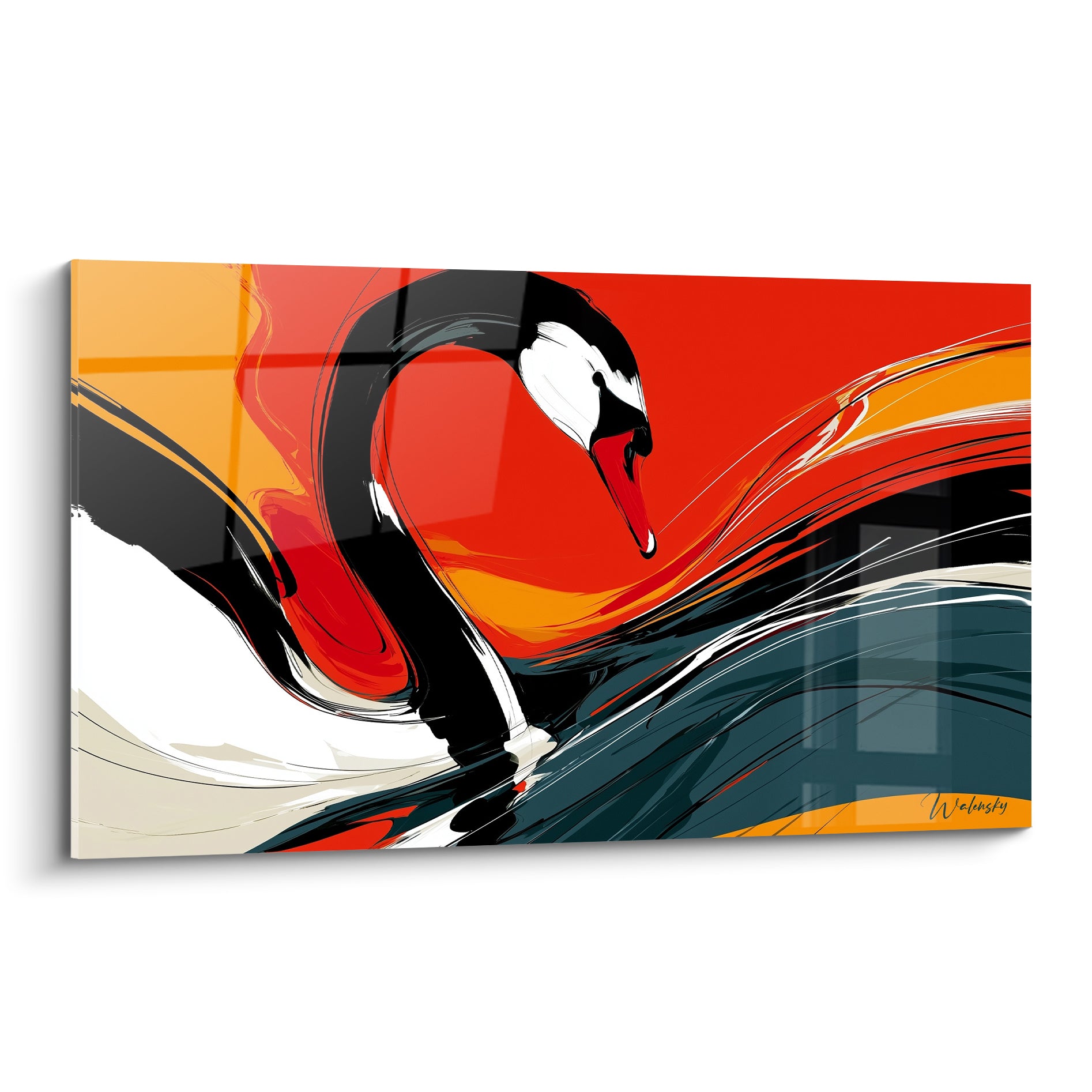 Cygne noir au cou incliné, fond rouge et orangé, bec rouge vif, traits gestuels expressifs