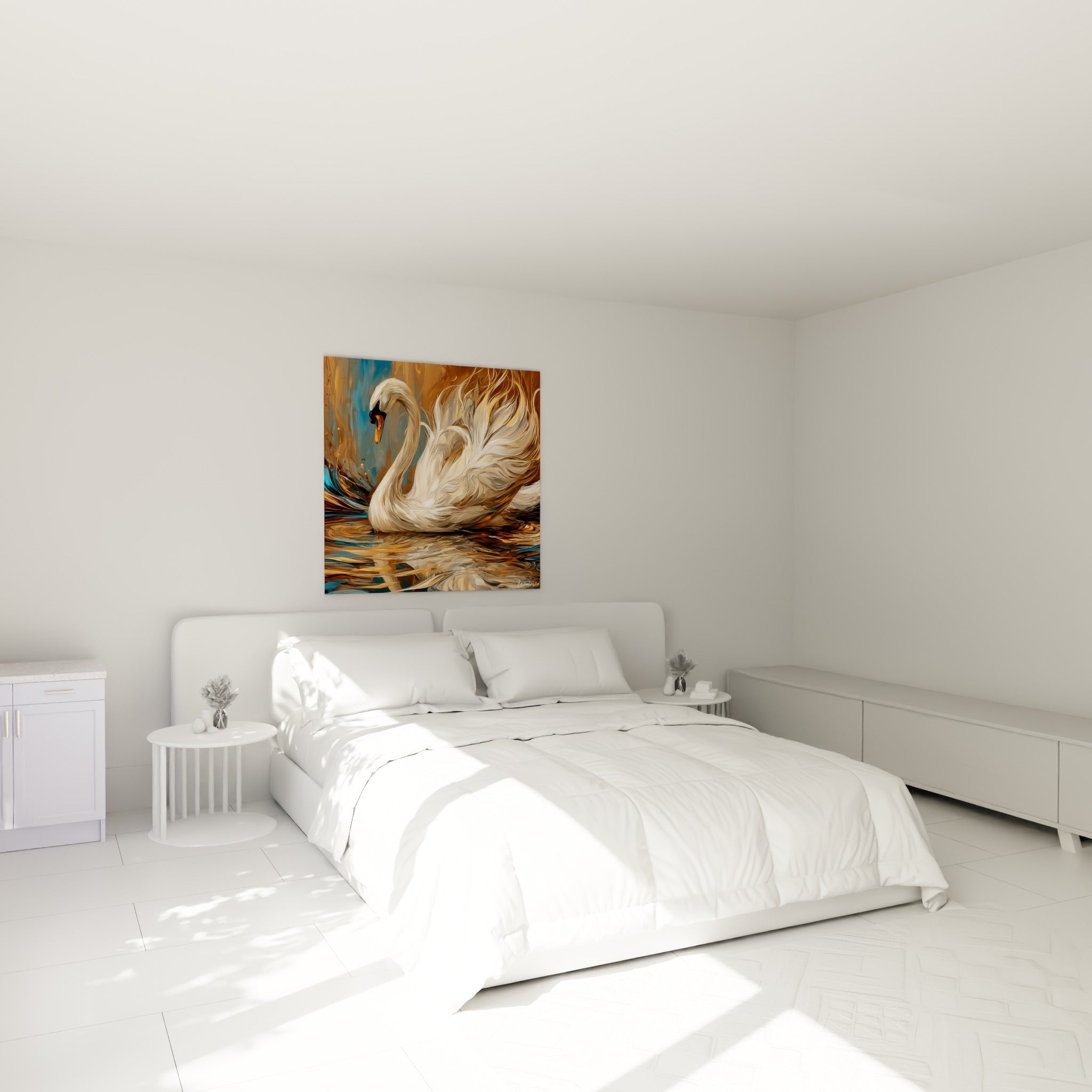 Cygne ailes ouvertes en tons ocre et bleu marine, au-dessus d'un lit dans une chambre claire