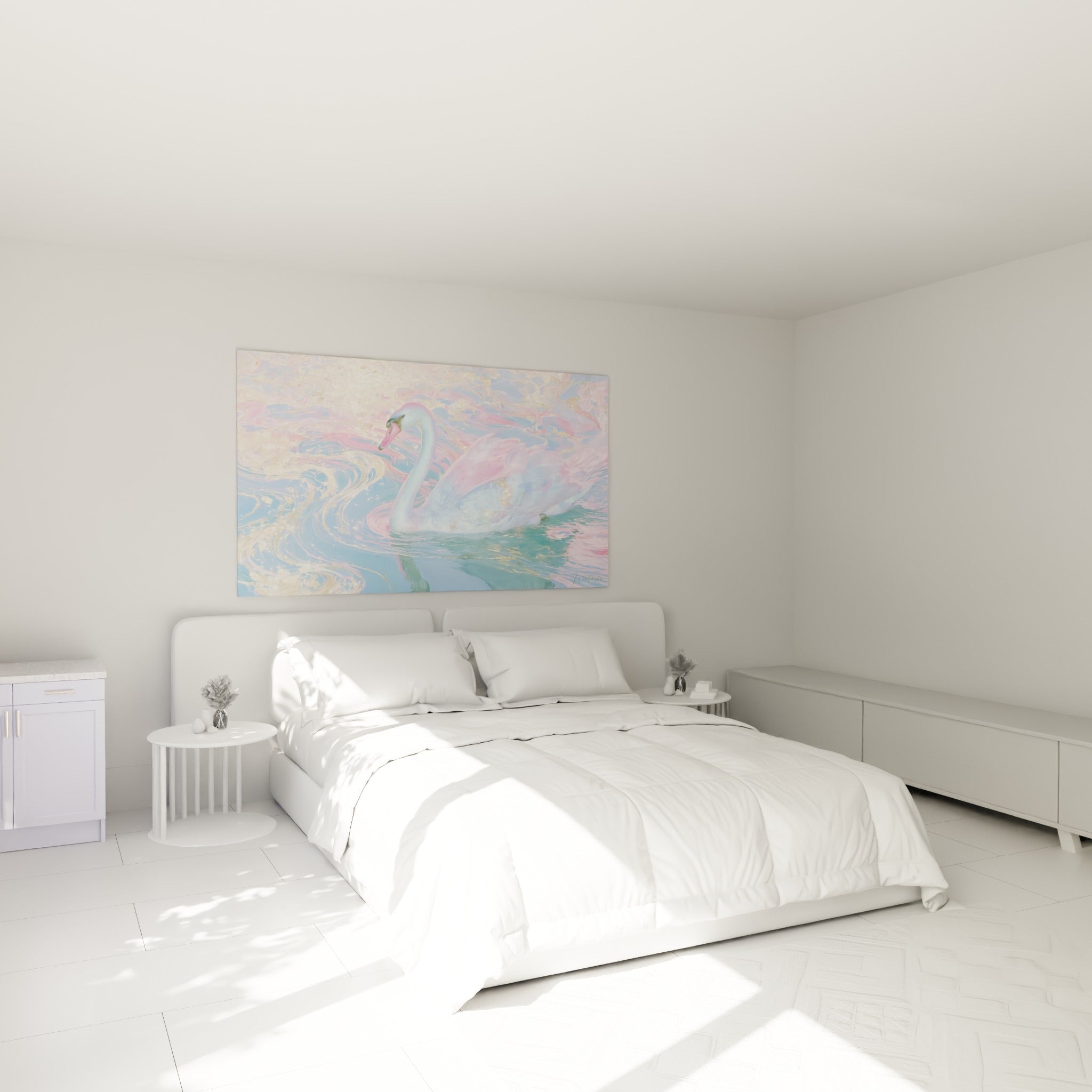 Silhouette de cygne aux reflets roses et dorés au-dessus d'un lit dans une chambre claire