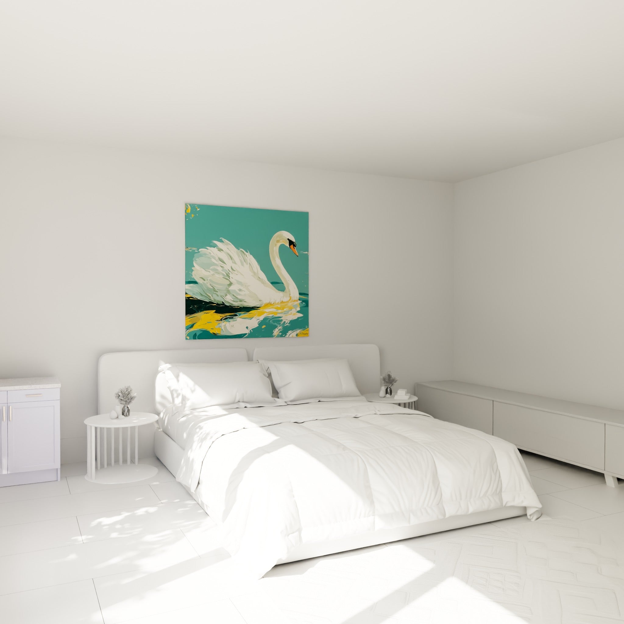 Plumage blanc et bec orangé du cygne surplombent un lit dans une chambre claire et lumineuse.