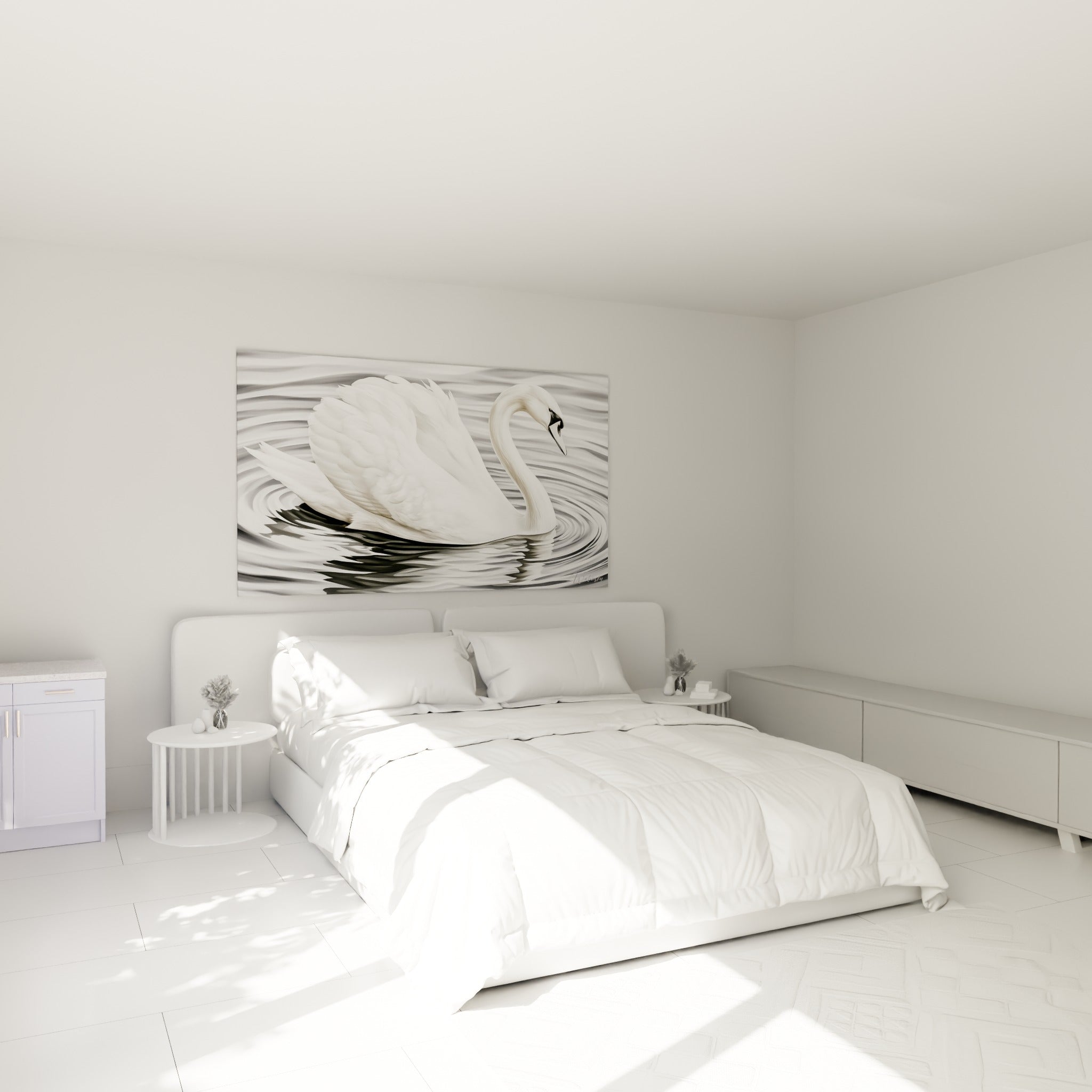 Plumage blanc et bec noir du cygne apaisant au-dessus d'un lit dans une chambre claire