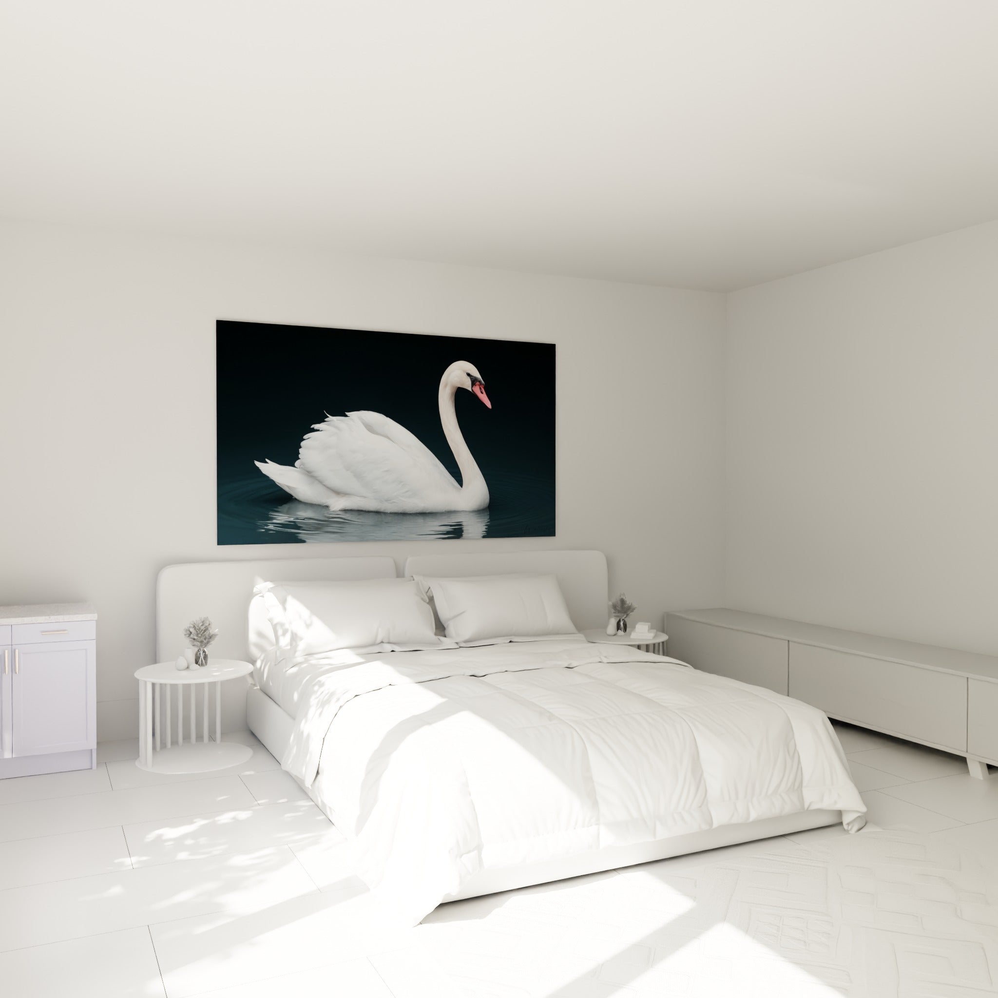 Silhouette blanche du cygne sur fond sombre, accrochée au-dessus d'un lit dans une chambre claire
