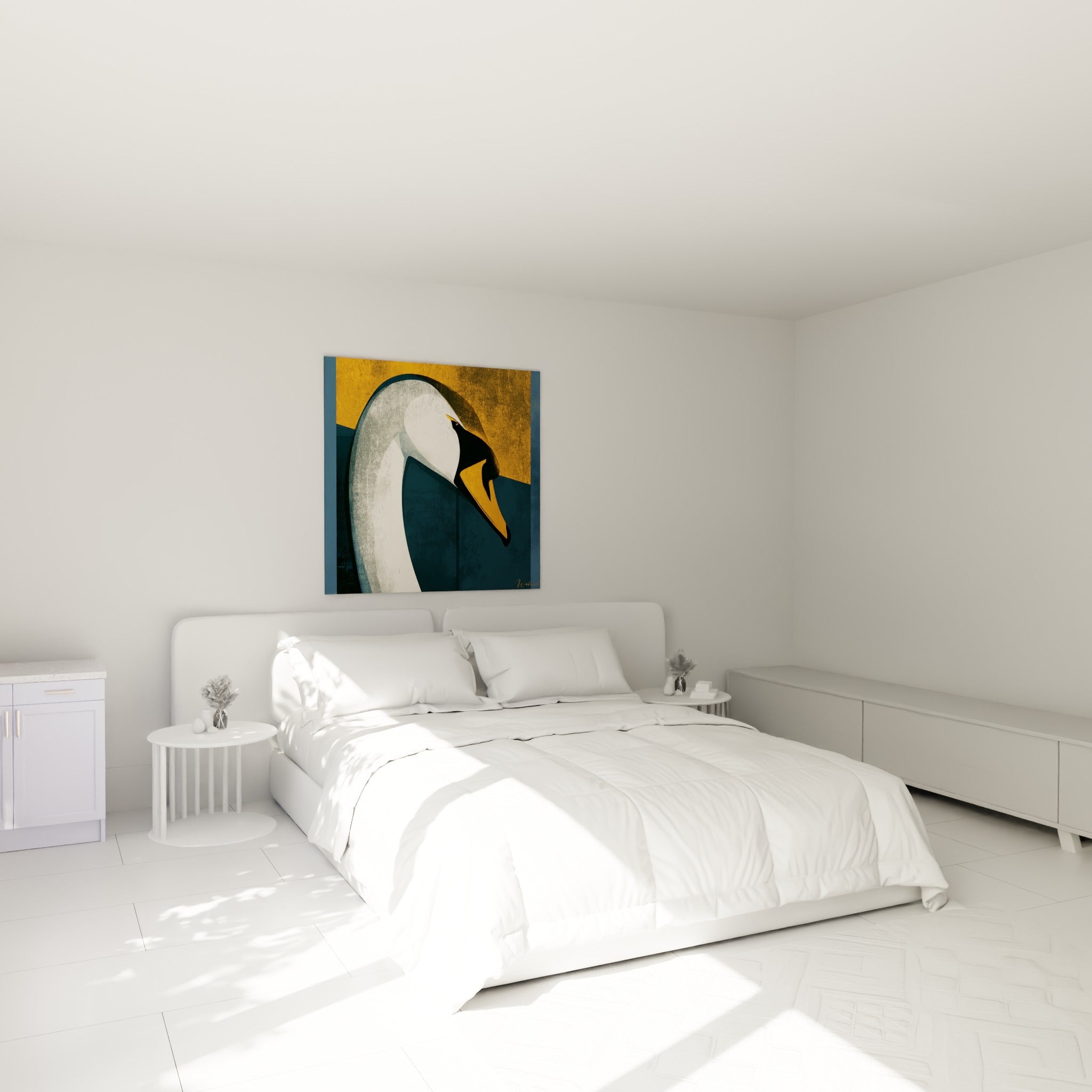 Cygne au cou courbé, plumage granuleux blanc et bleu, au-dessus d'un lit dans une chambre claire