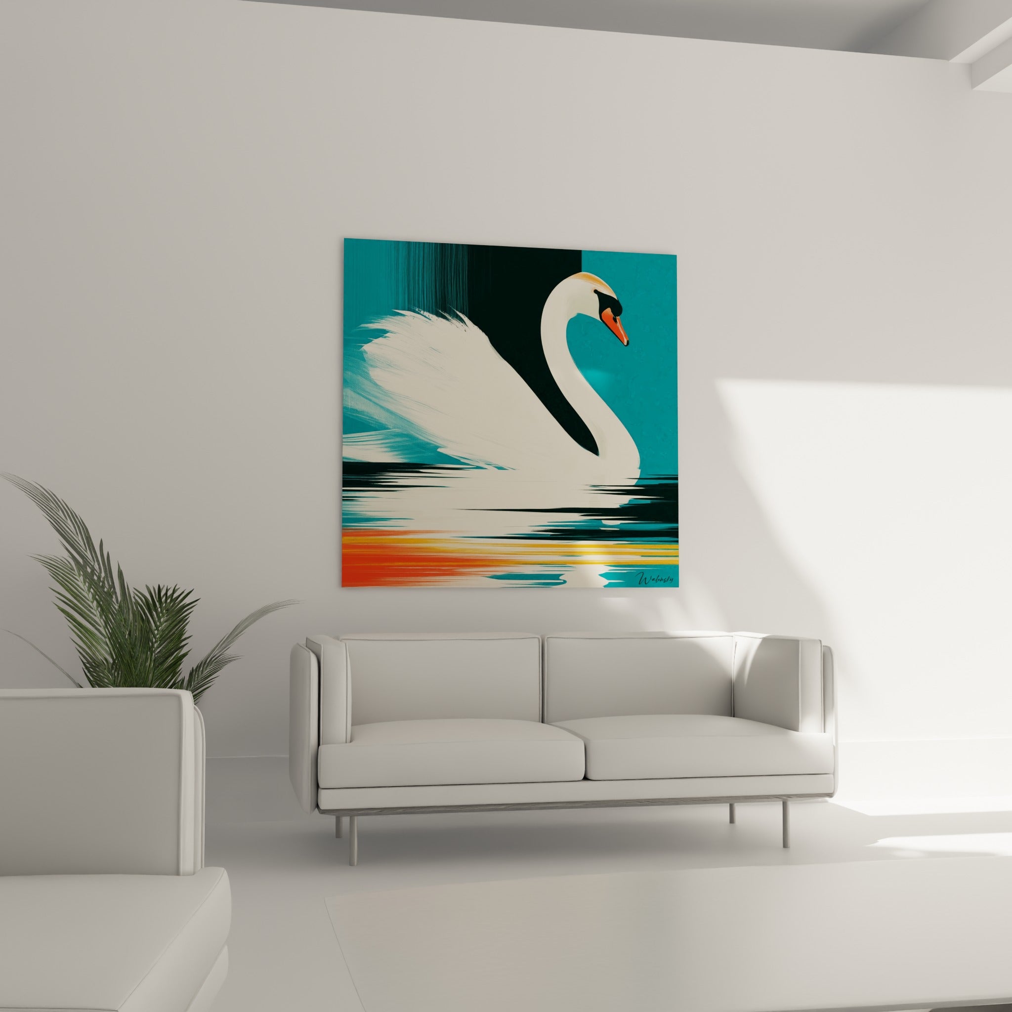 Plumage blanc balayé d'un cygne sur fond turquoise, tableau au-dessus d'un canapé dans un salon lumineux