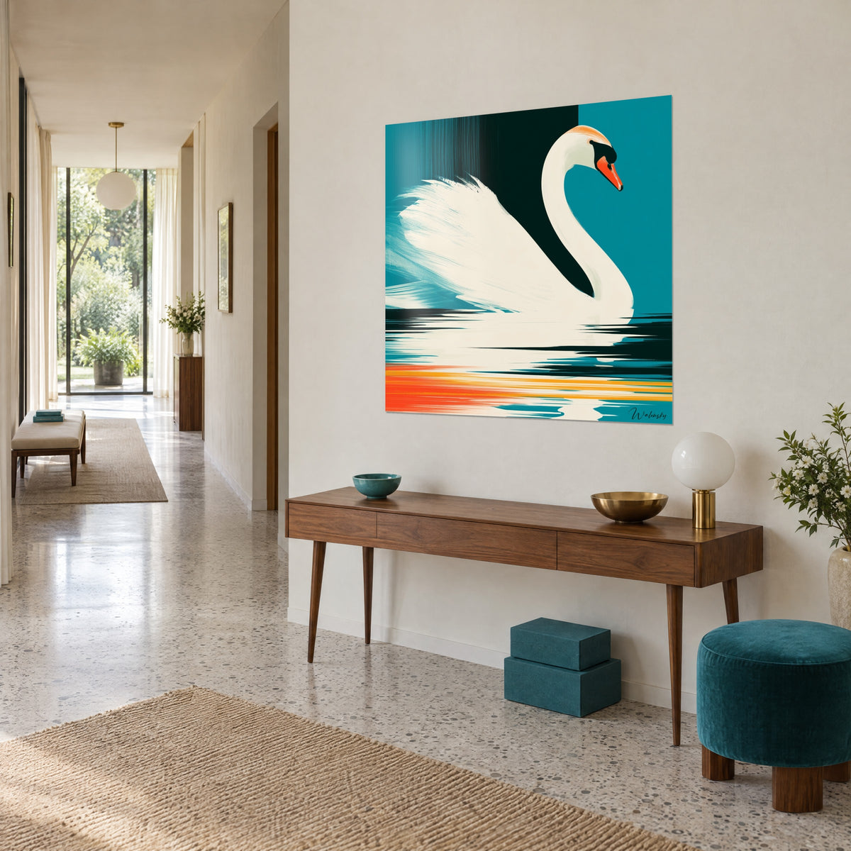 Cuadro ave nadadora de cuello curvado, pico naranja, planos azul pato y crema, vista de tres cuartos, encima de una consola de madera