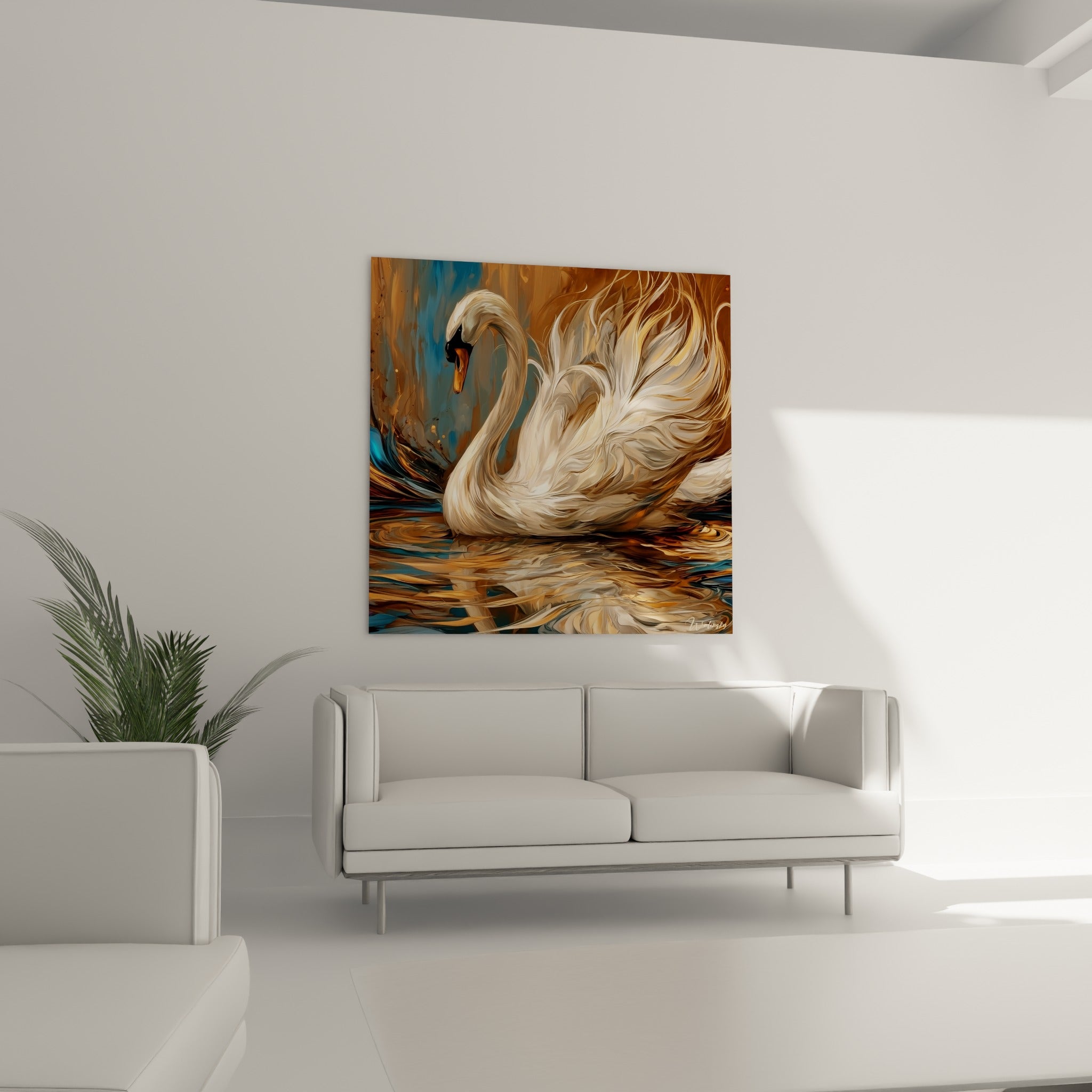 Oiseau blanc au cou gracile et plumage doré, au-dessus d'un canapé dans un salon lumineux