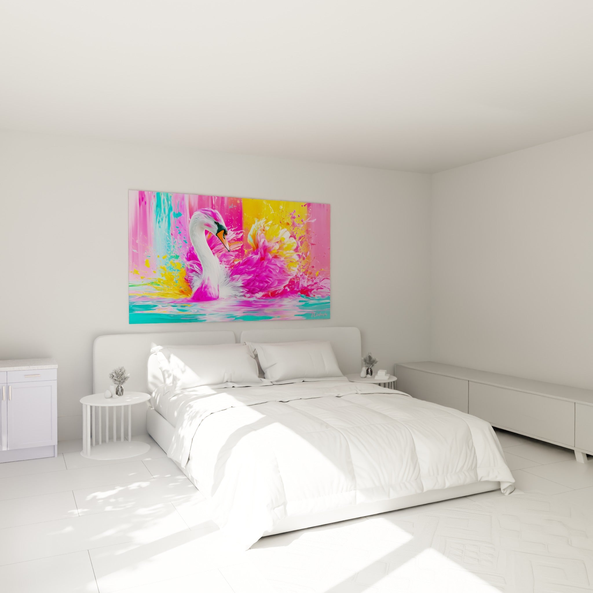 Silhouette du cygne aux teintes turquoise et fuchsia, accrochée au-dessus d'un lit dans une chambre claire