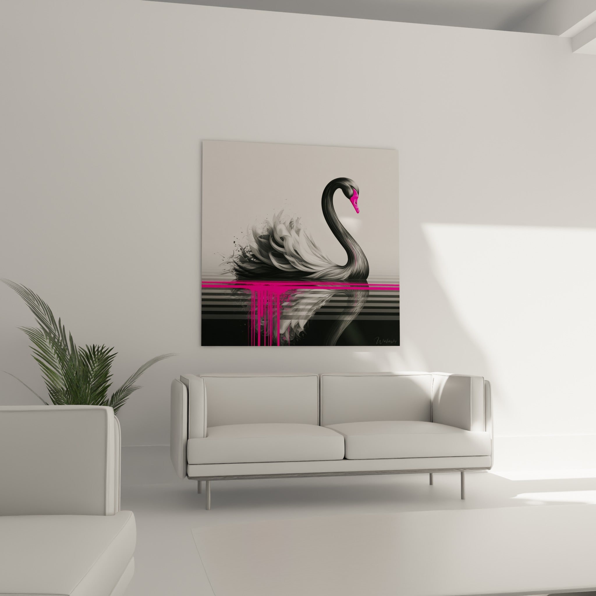 Cou arqué du cygne noir et coulures roses fluo, disposé au-dessus d'un canapé dans un salon lumineux