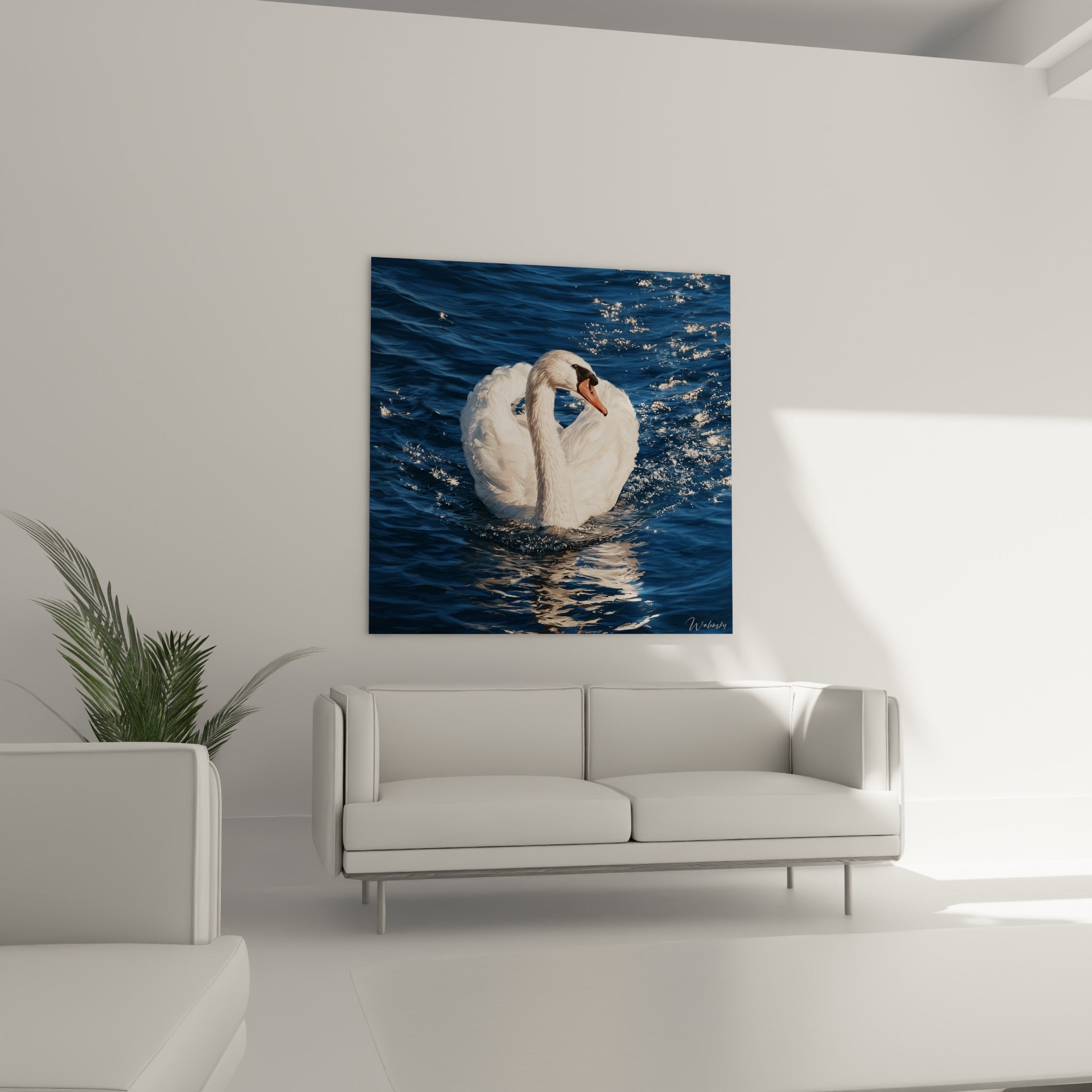 Plumage immaculé du cygne contrastant avec l'eau sombre, accroché au-dessus d'un canapé dans un salon lumineux