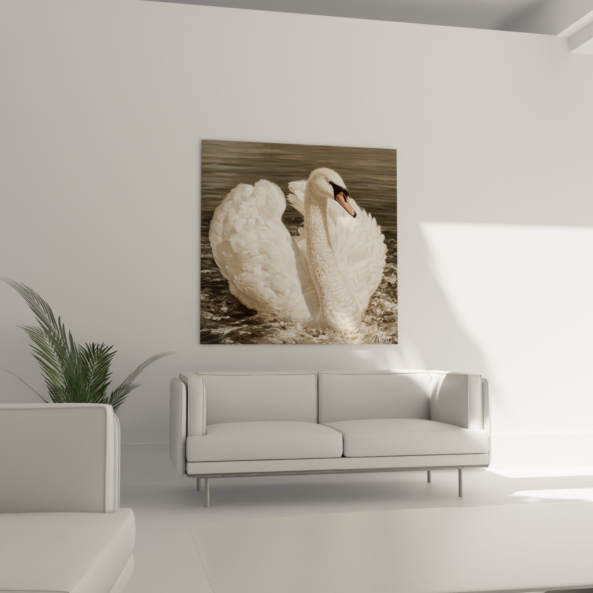 Cygne majestueux aux plumes blanches et crème, tableau au-dessus d'un canapé dans un salon lumineux