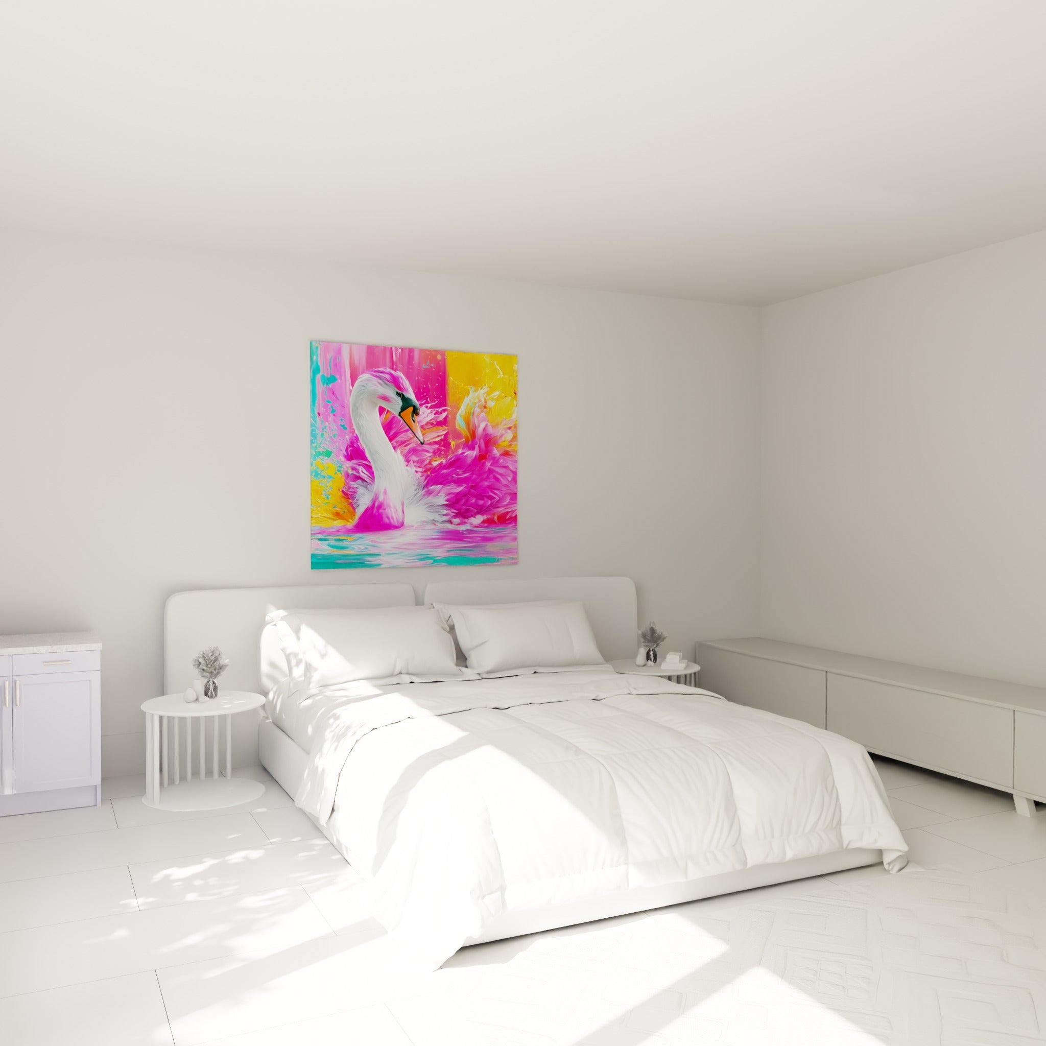 Plumes fuchsia et blanches du cygne en mouvement, accrochées au-dessus d'un lit dans une chambre claire
