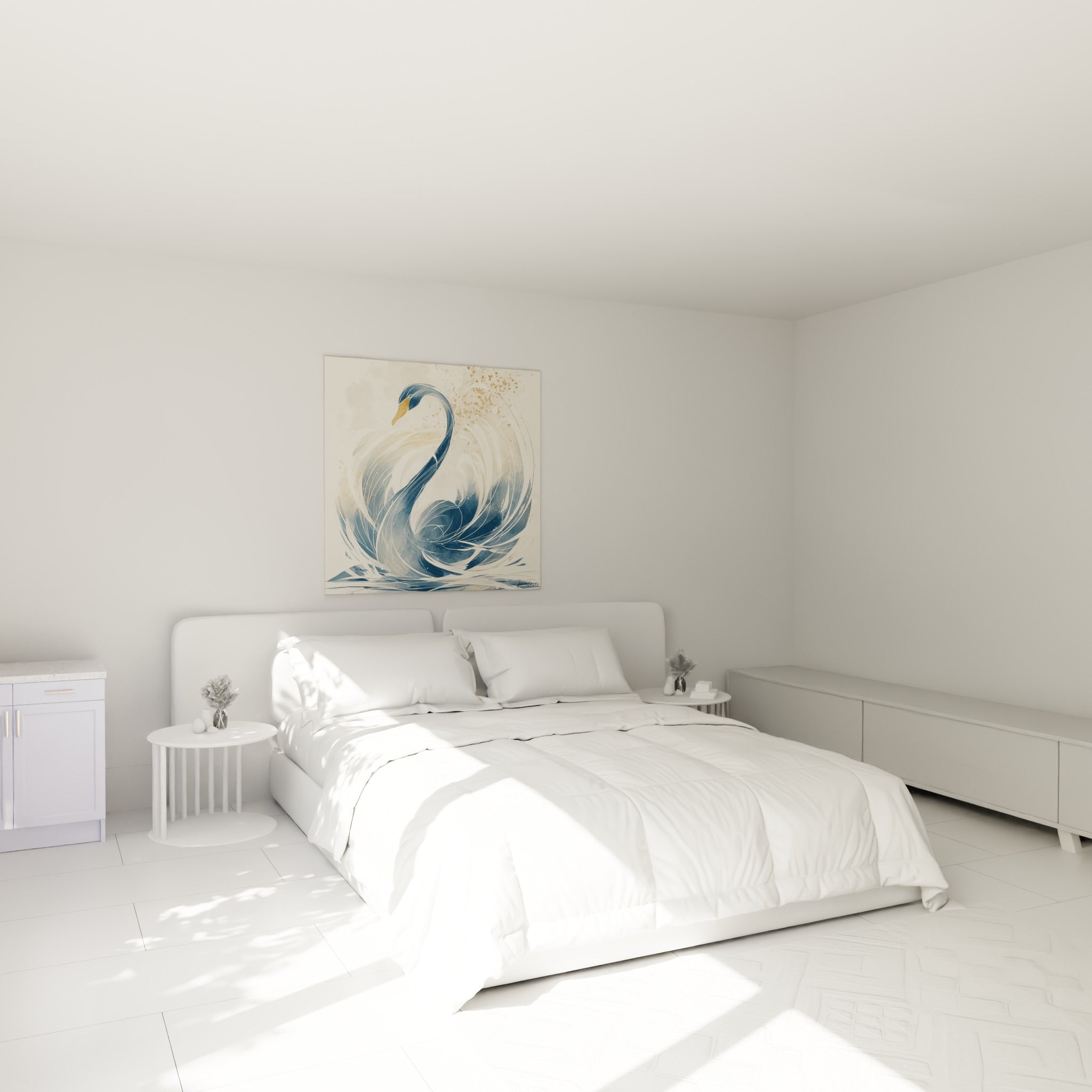 Plumes bleu marine et dorées d'un cygne gracieux, accrochées au-dessus d'un lit dans une chambre claire
