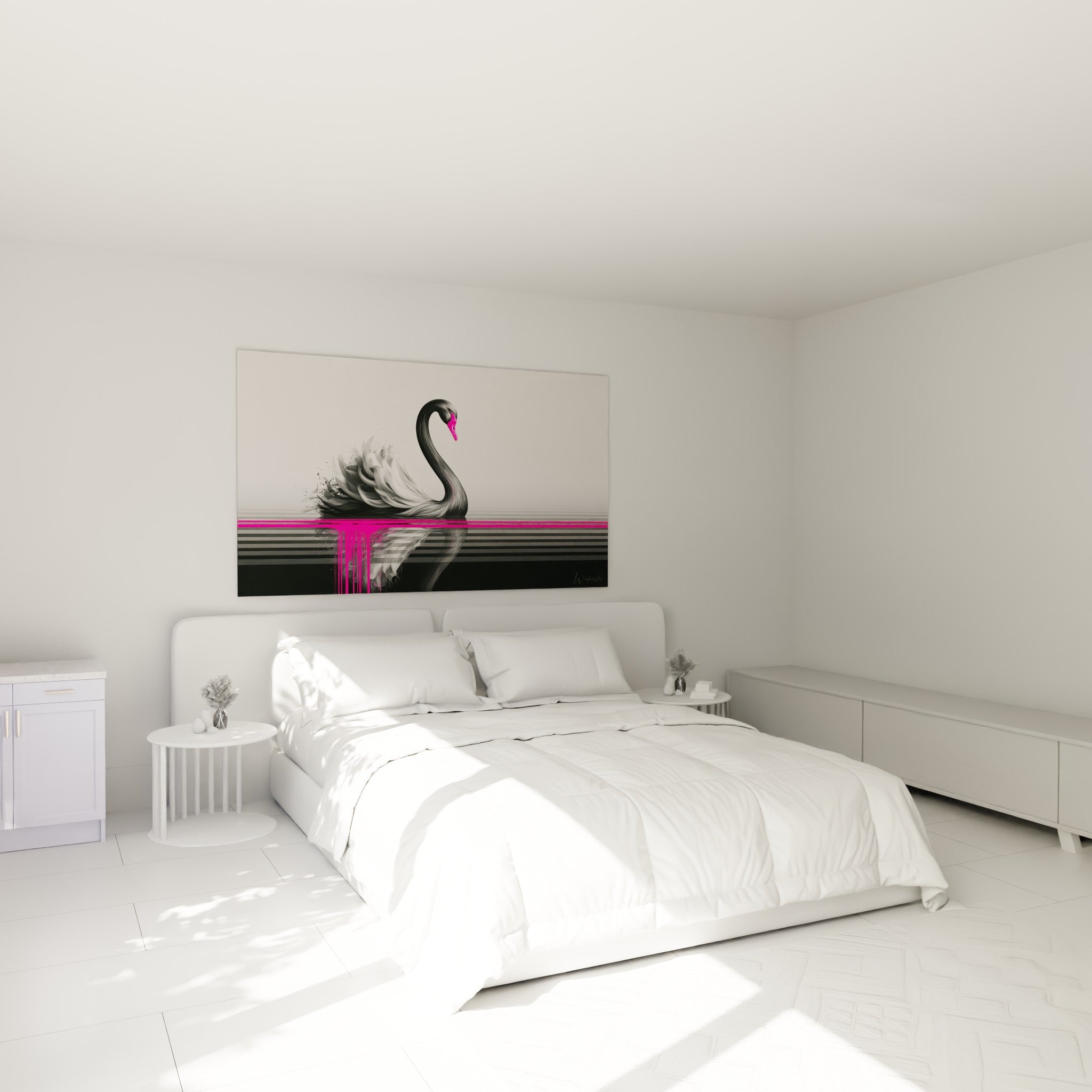 Silhouette du cygne noir et rose fluo au-dessus d'un lit dans une chambre claire