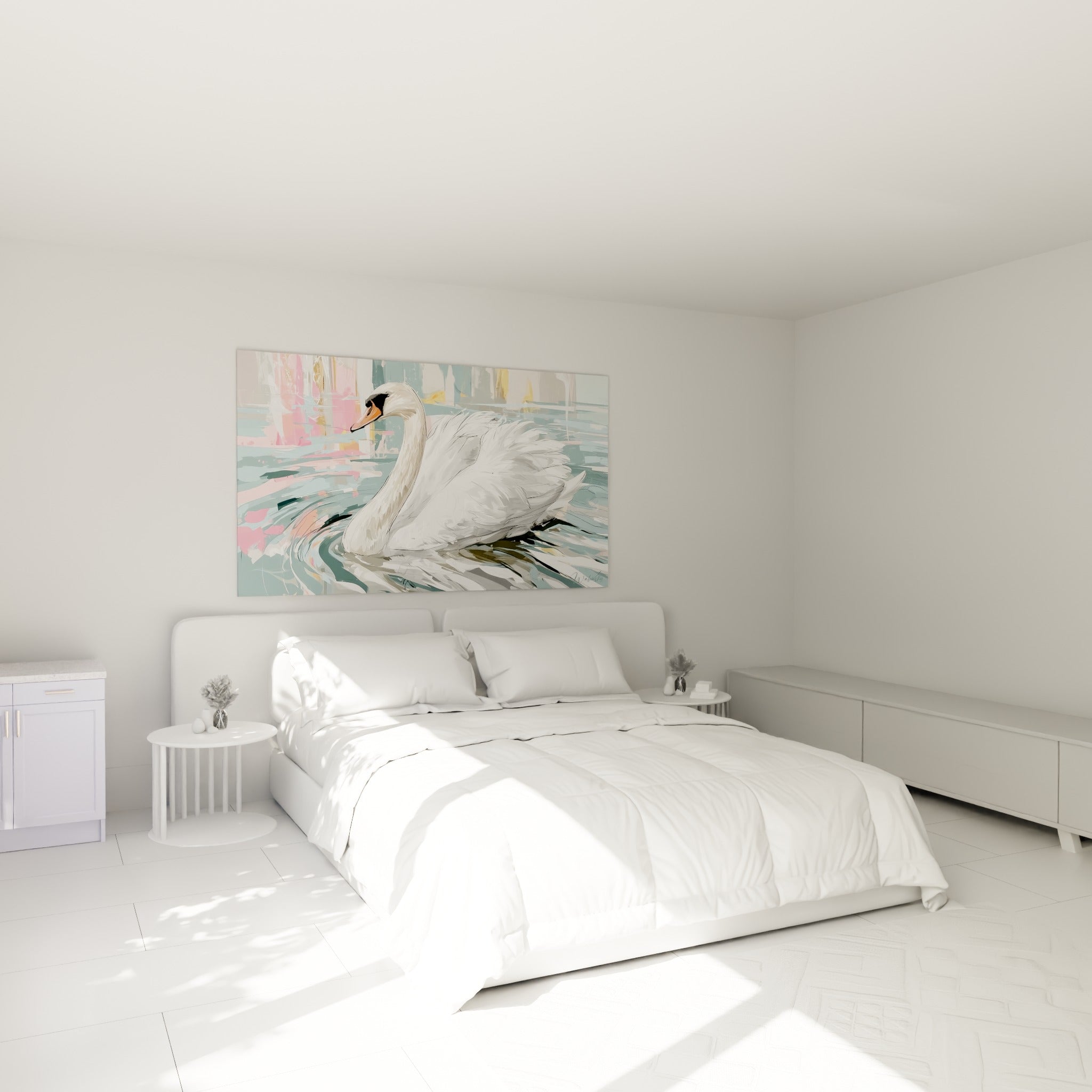 Cygne blanc aux reflets bleu ardoise nageant, tableau accroché au-dessus d'un lit dans une chambre claire