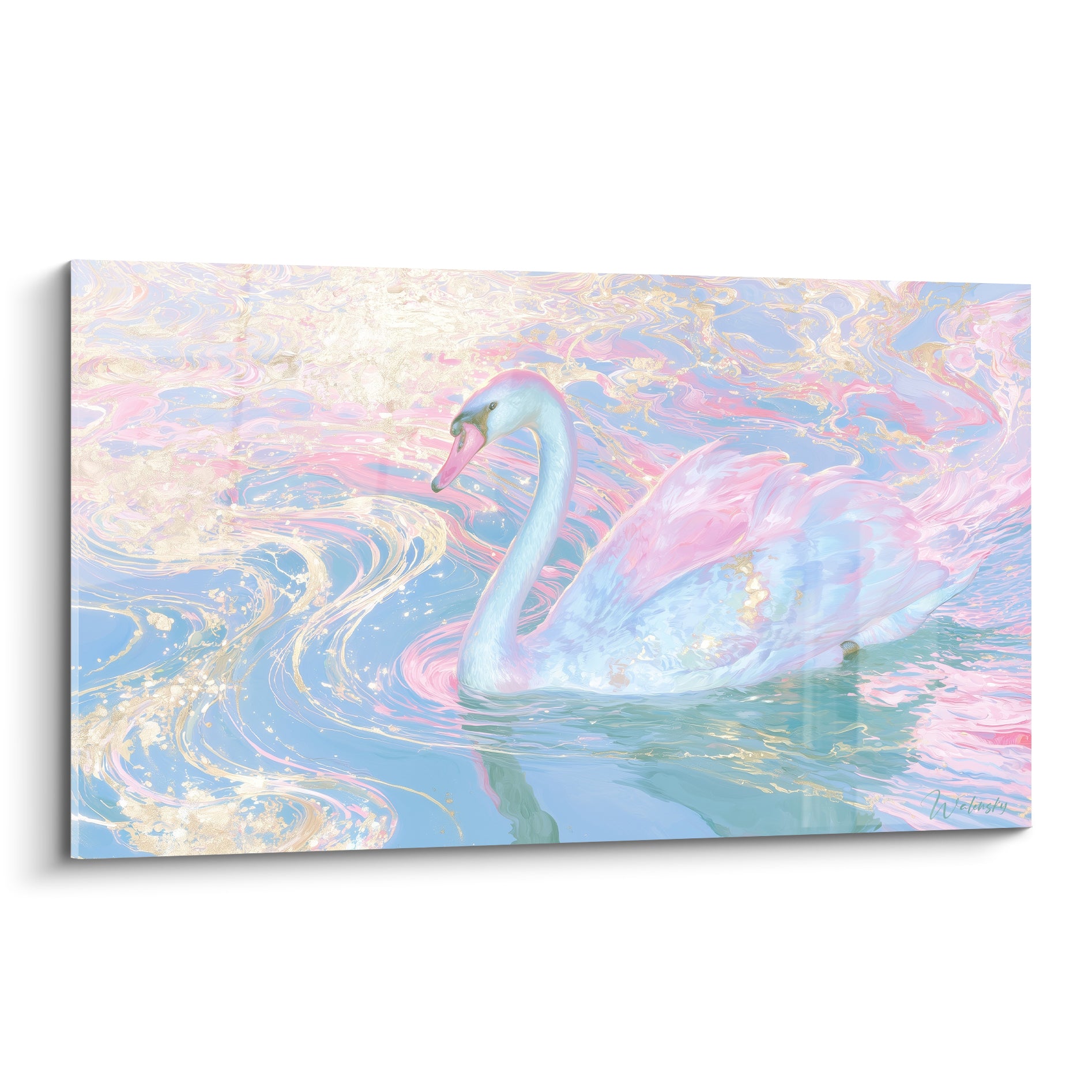 Cygne blanc glissant sur une eau tourbillonnante rose, bleu ciel et dorée
