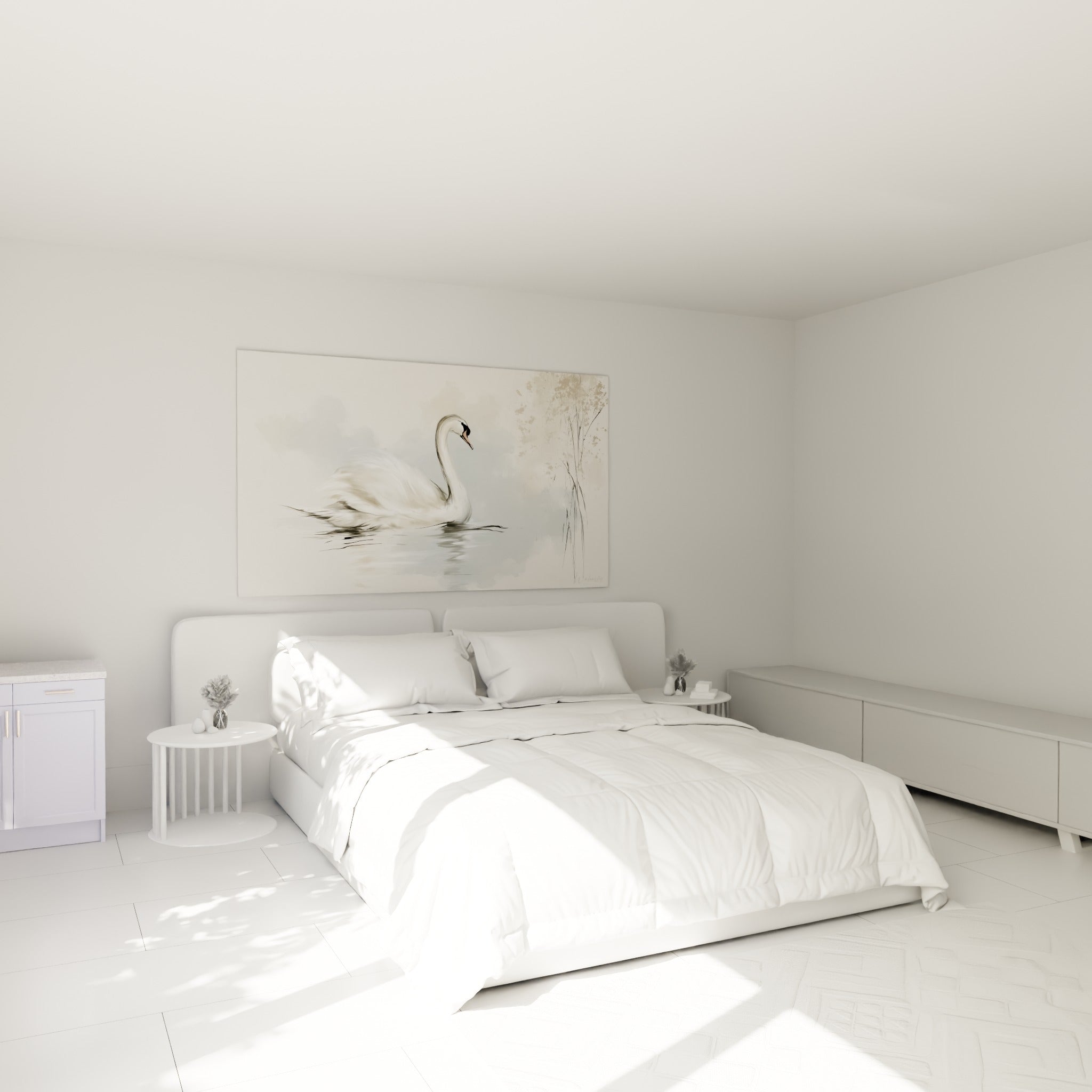 Silhouette gracieuse d'un cygne blanc et anthracite au-dessus d'un lit dans une chambre claire