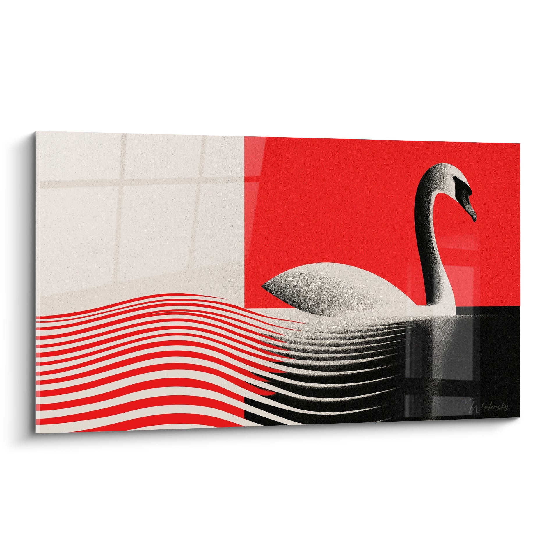 Cygne blanc au cou incliné sur fond rouge vif traversé de rayures noires ondulantes