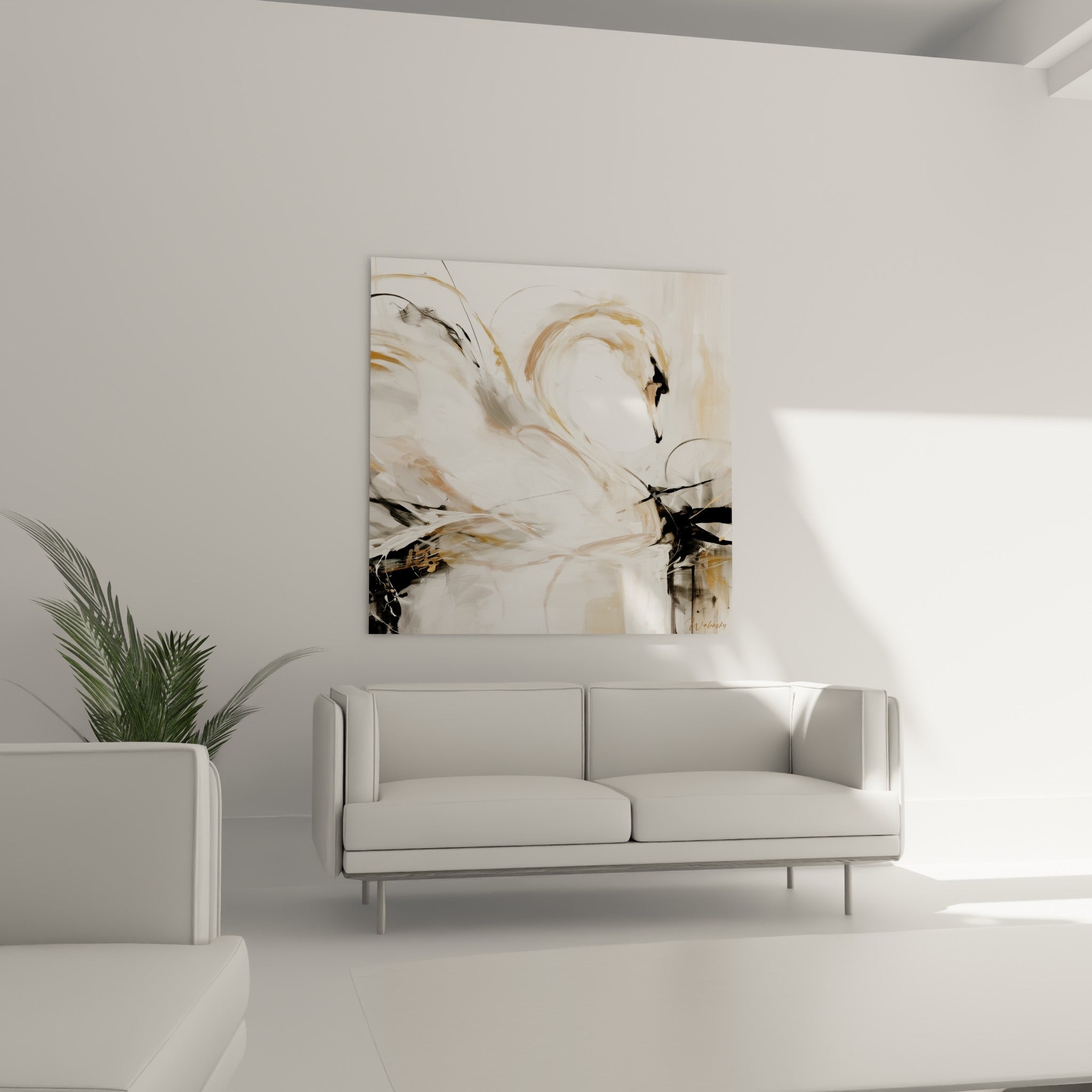 Cygne esquissé en blanc et crème avec touches noires, au-dessus d'un canapé dans un salon lumineux