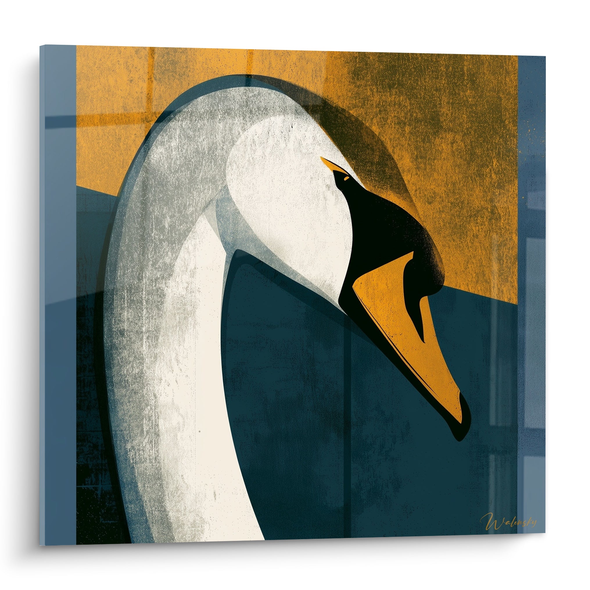Cygne blanc à tête inclinée, bec ocre, fond bleu marine et ocre texturé