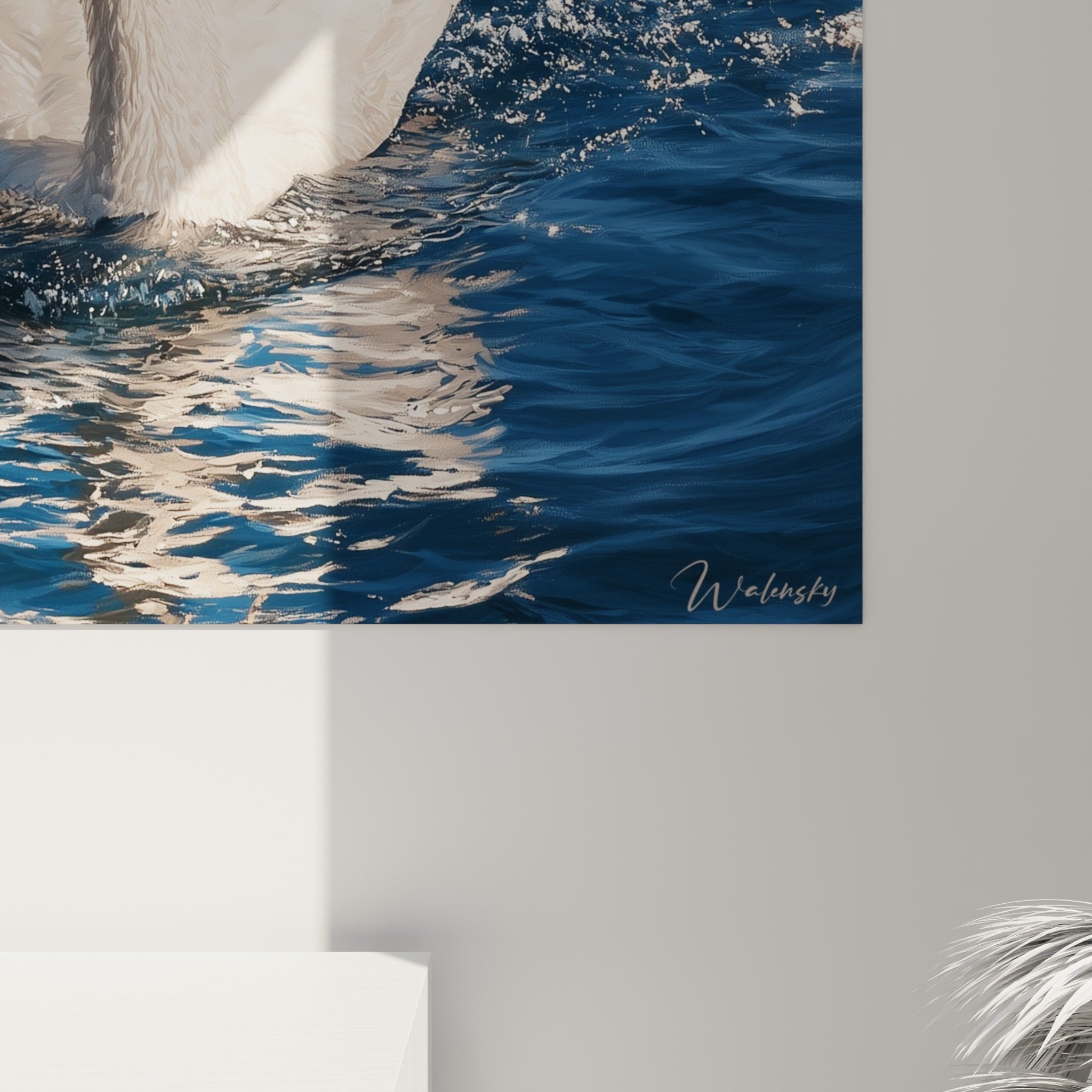 Empâtements de peinture révélant le grain du plumage blanc et les reflets dorés de l'eau bleu marine