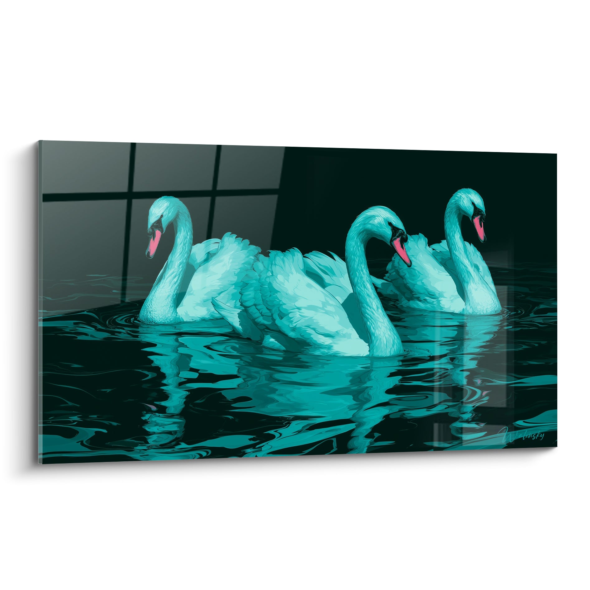 Trois cygnes turquoise glissent sur une eau anthracite, becs rose corail, plein cadre saisissant