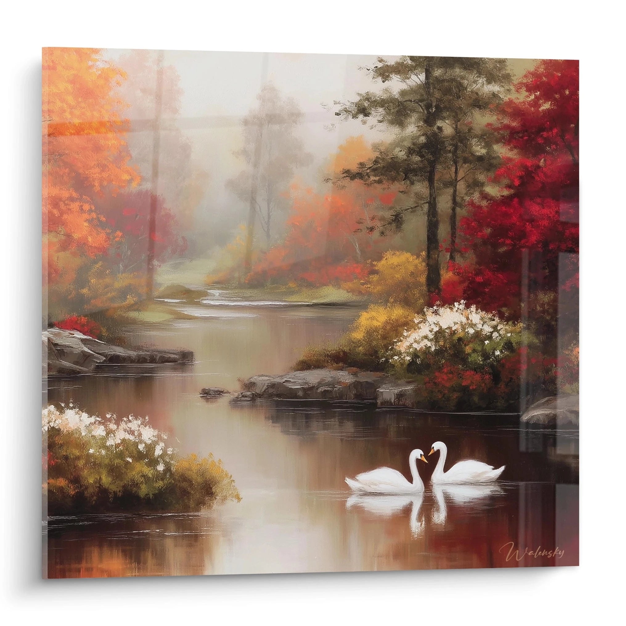 Walensky tableau cygnes rivière automne montrant deux cygnes sur rivière brumeuse et arbres aux feuilles rouges