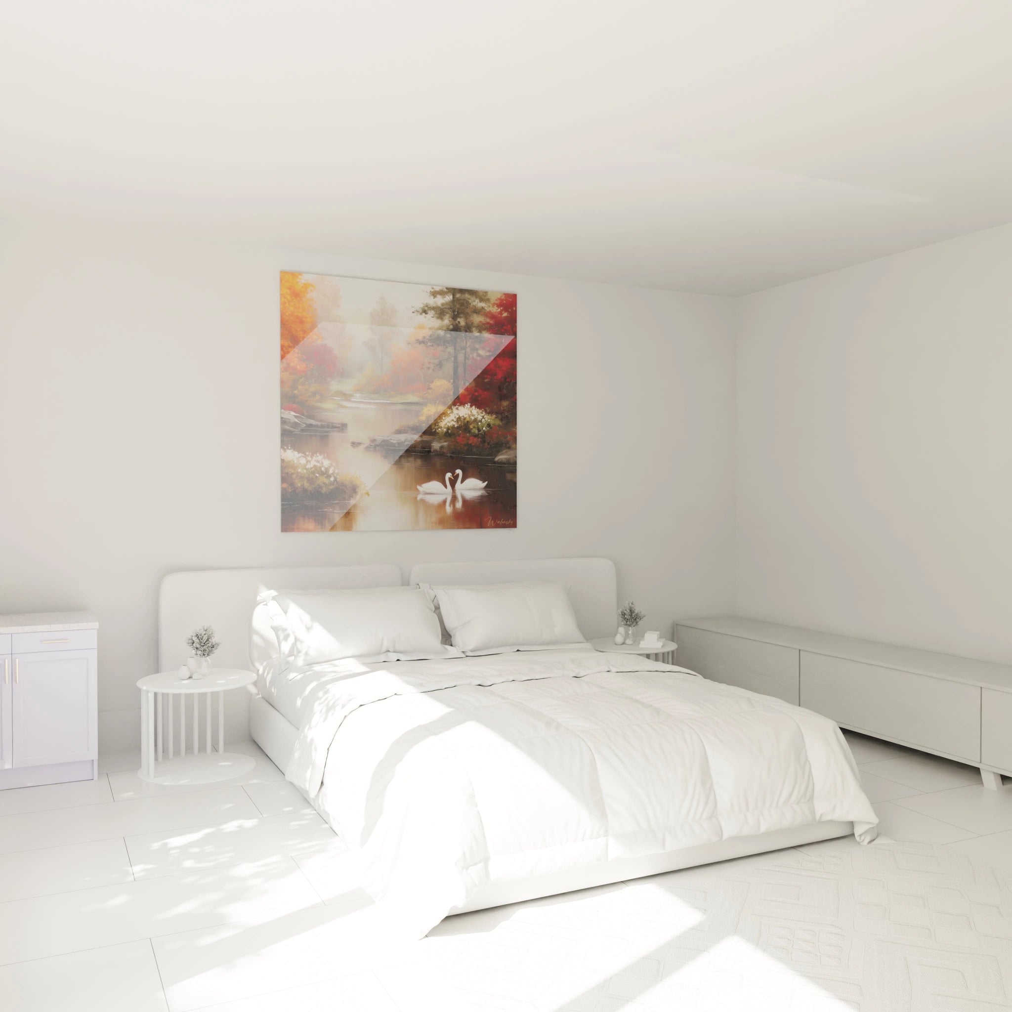 Tableau mural Walensky avec tableau cygnes rivière automne accroché au dessus d un lit dans chambre blanche et lumineuse