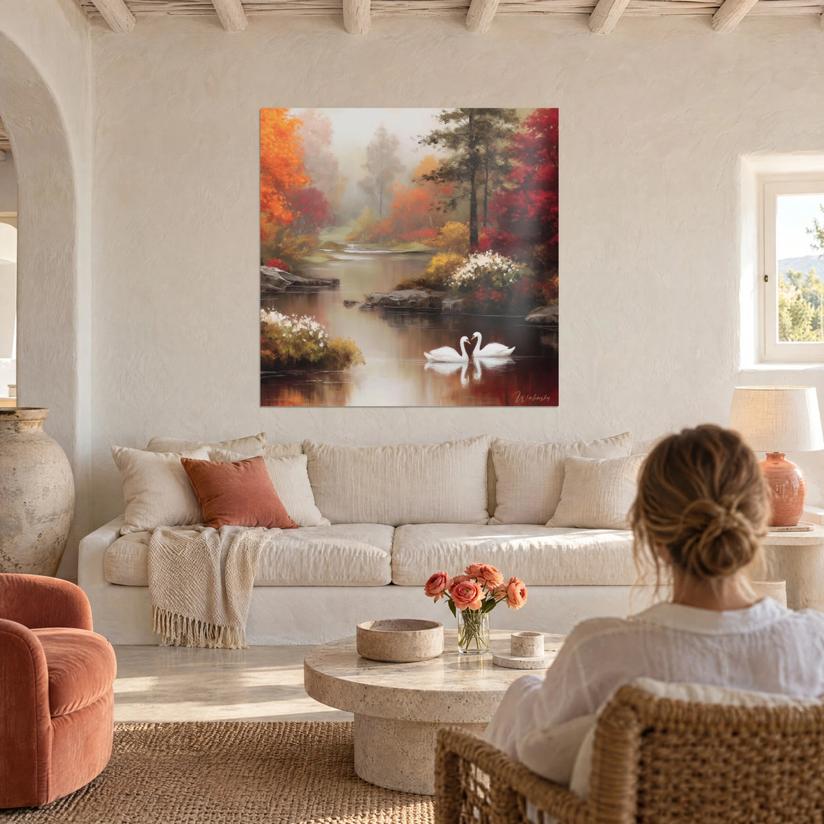 Gemälde Schwanenpaar auf bernsteinfarbenem Fluss, orangefarbenes und rotes Laub, Frau von hinten, über einem Sofa in einem hellen Wohnzimmer
