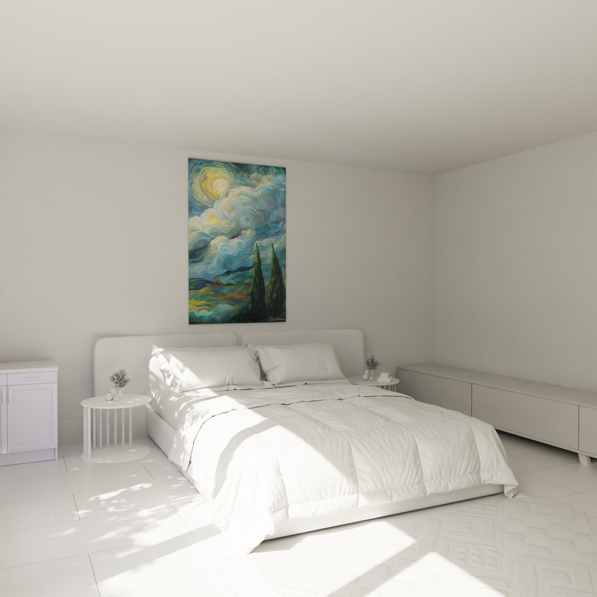 Tableau cyprès ciel étoilé dans chambre moderne, décoration murale paysage nocturne ambiance apaisante