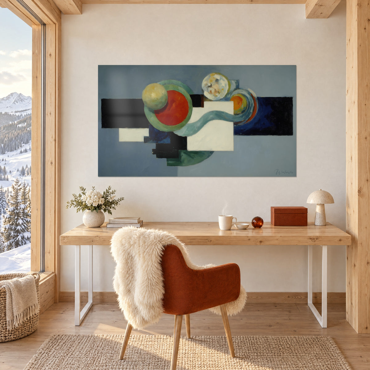 Schilderij in suprematistische stijl, zwarte en witte vlakken, een rode cirkel en een nachtblauwe spiraal, hangend boven een eikenhouten bureau