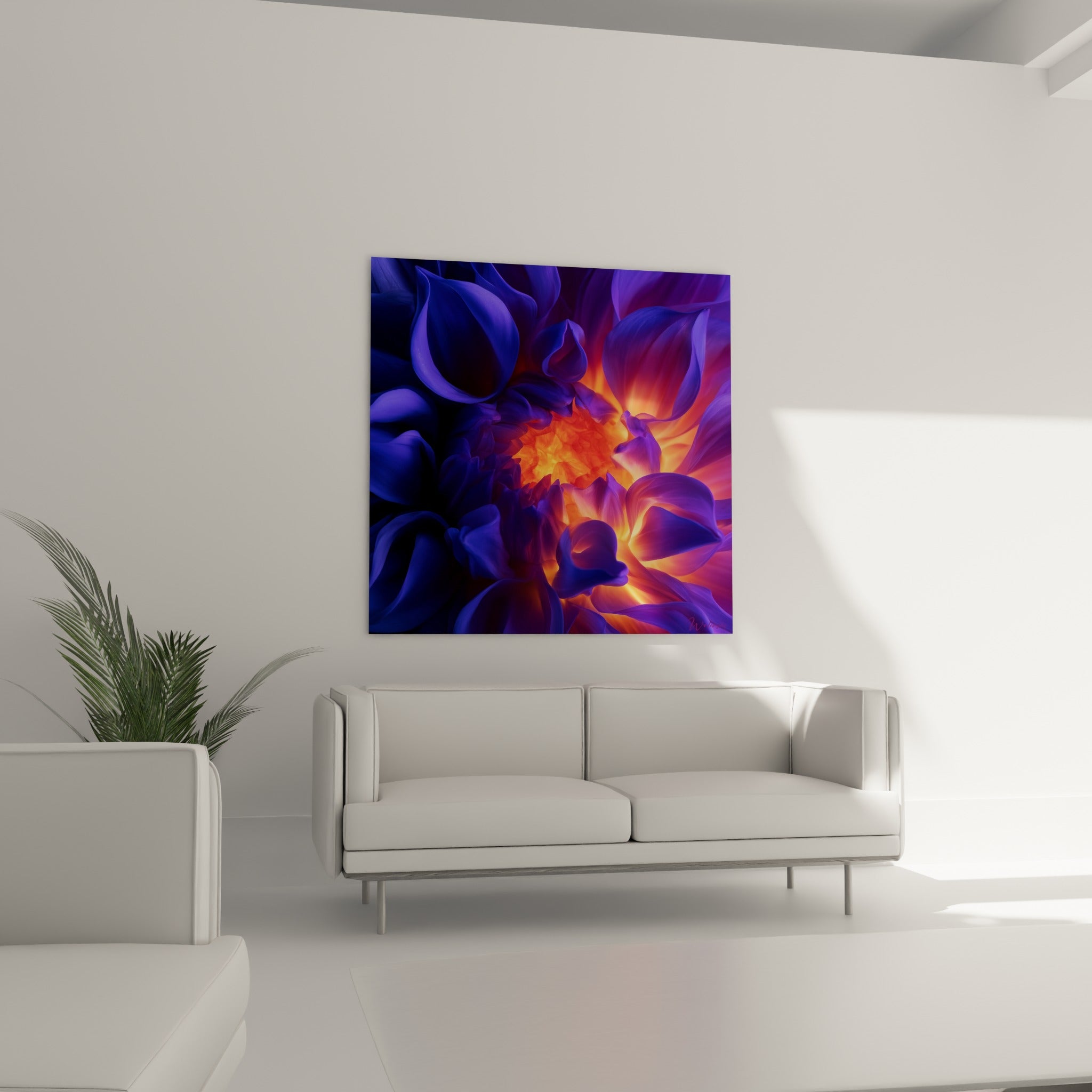 Fleur de dahlia aux teintes anthracite et dorées rayonne au-dessus d'un canapé dans un salon lumineux