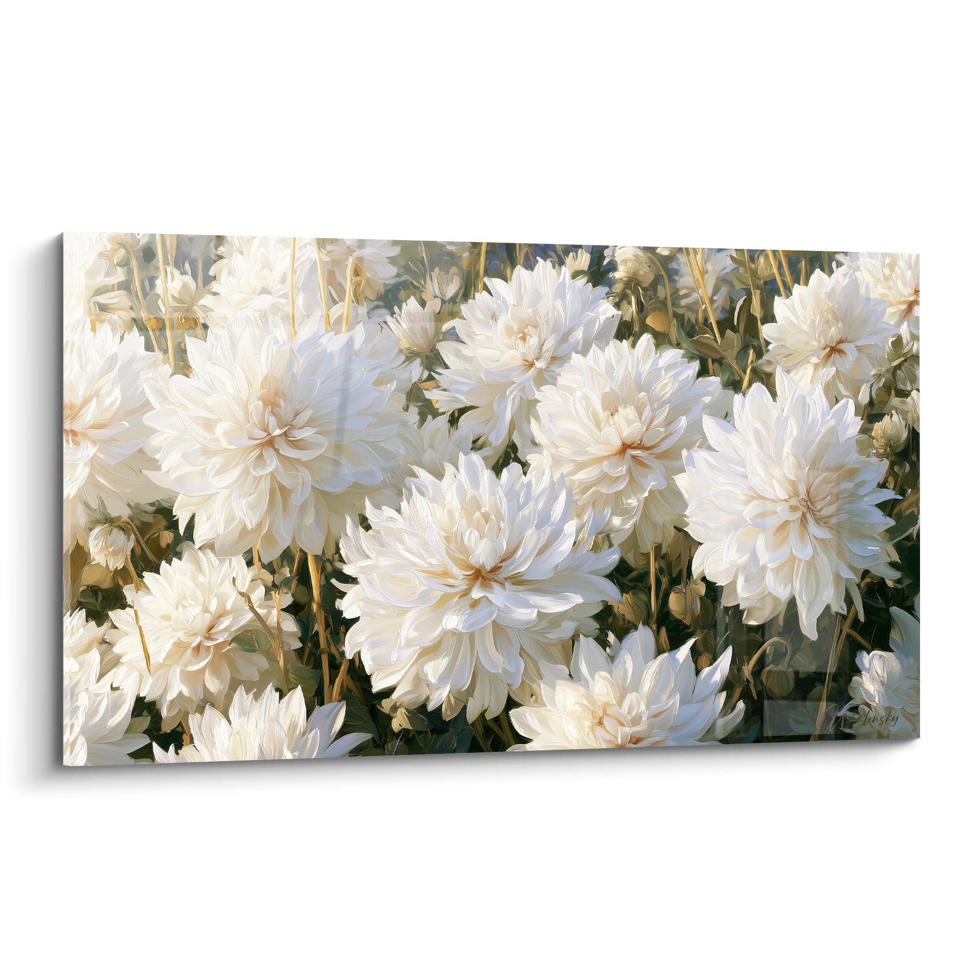 Dahlias blancs aux cœurs dorés peints dans une composition florale dense et lumineuse