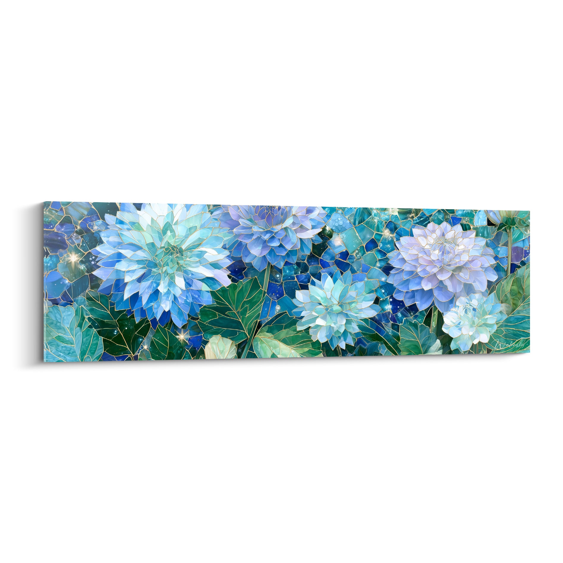 Dahlias bleu turquoise et vert émeraude façon vitrail sur fond bleu marine étoilé