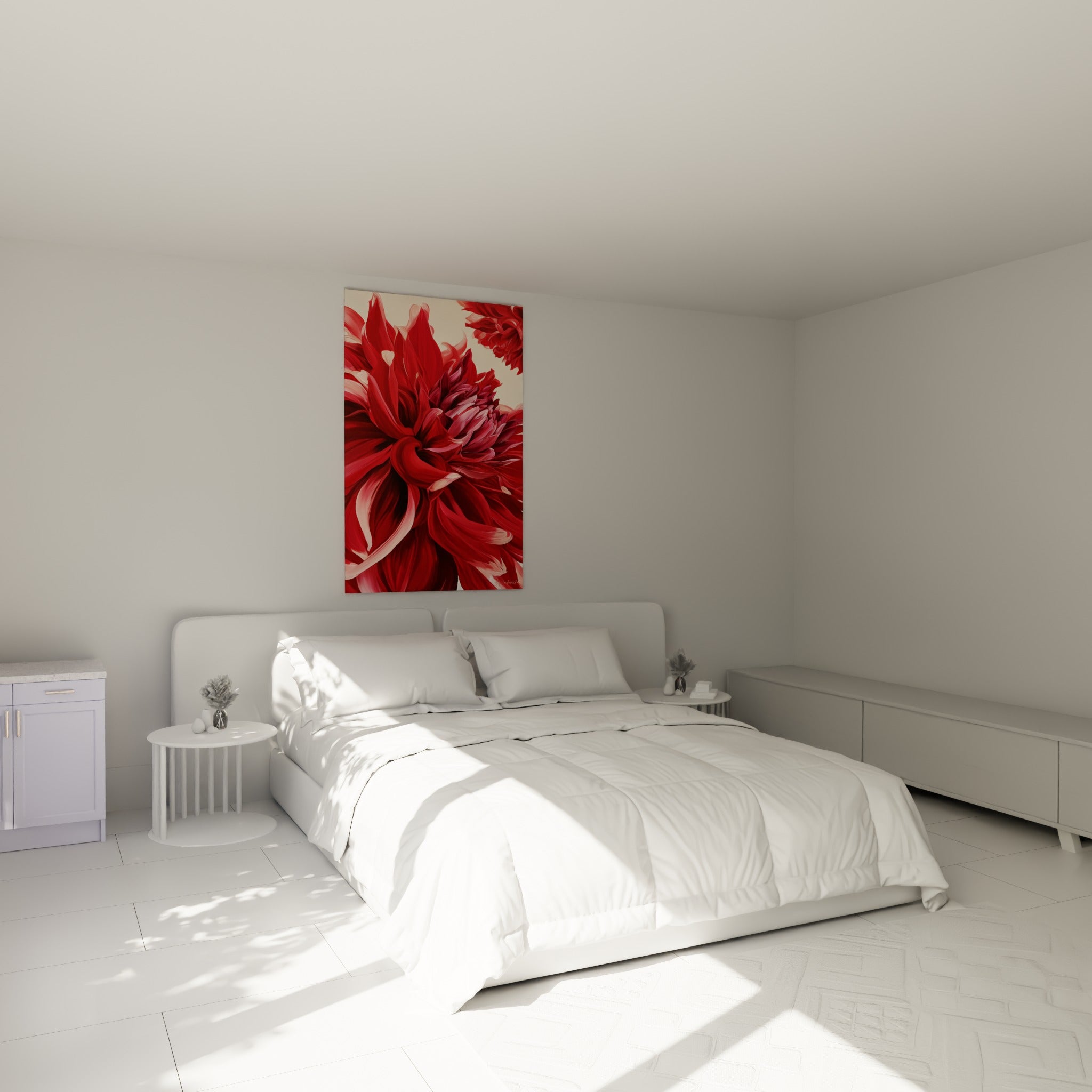 Pétales rouges et bordeaux du dahlia peint au-dessus d'un lit dans une chambre claire