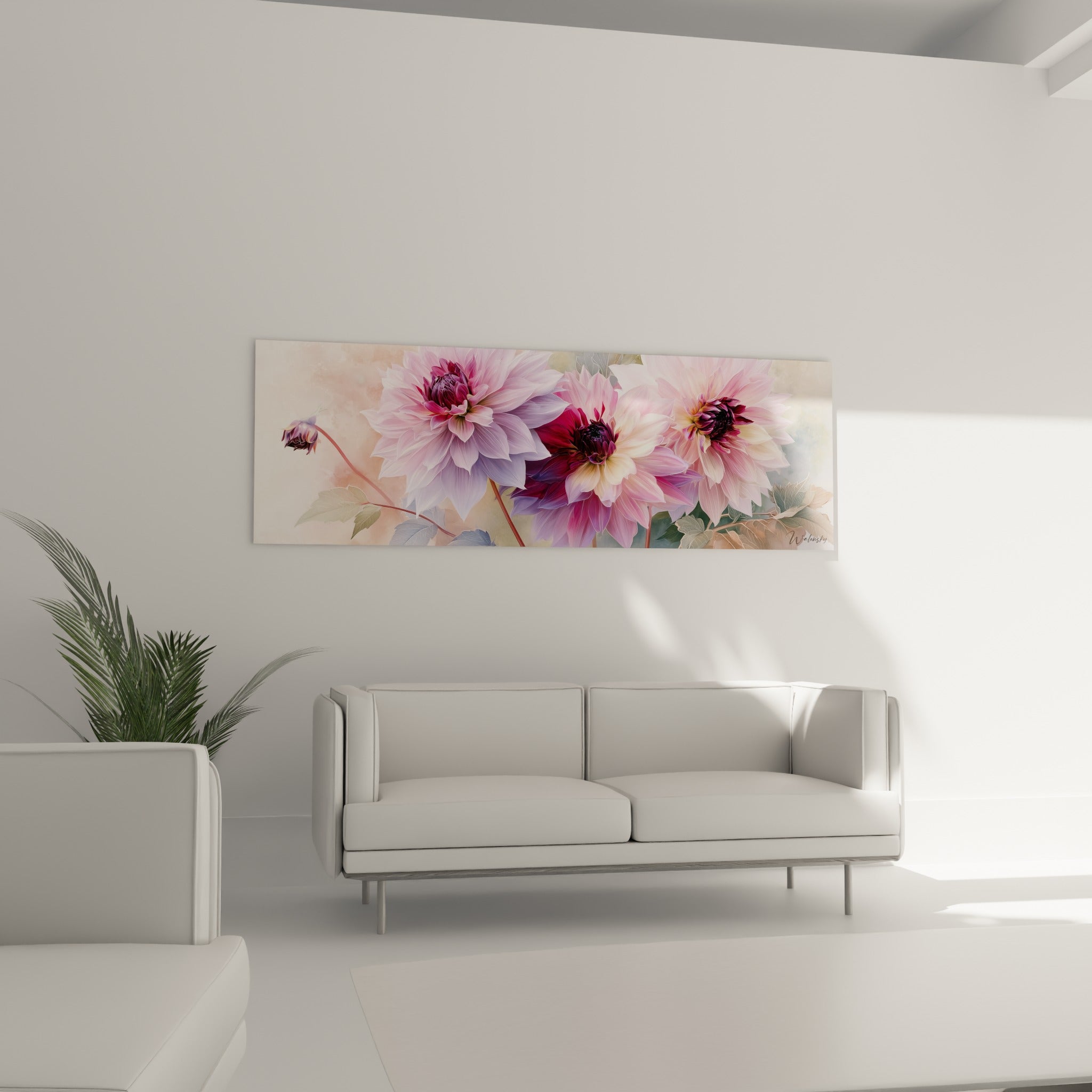 Fleurs de dahlia mauve et bordeaux au-dessus d'un canapé dans un salon lumineux