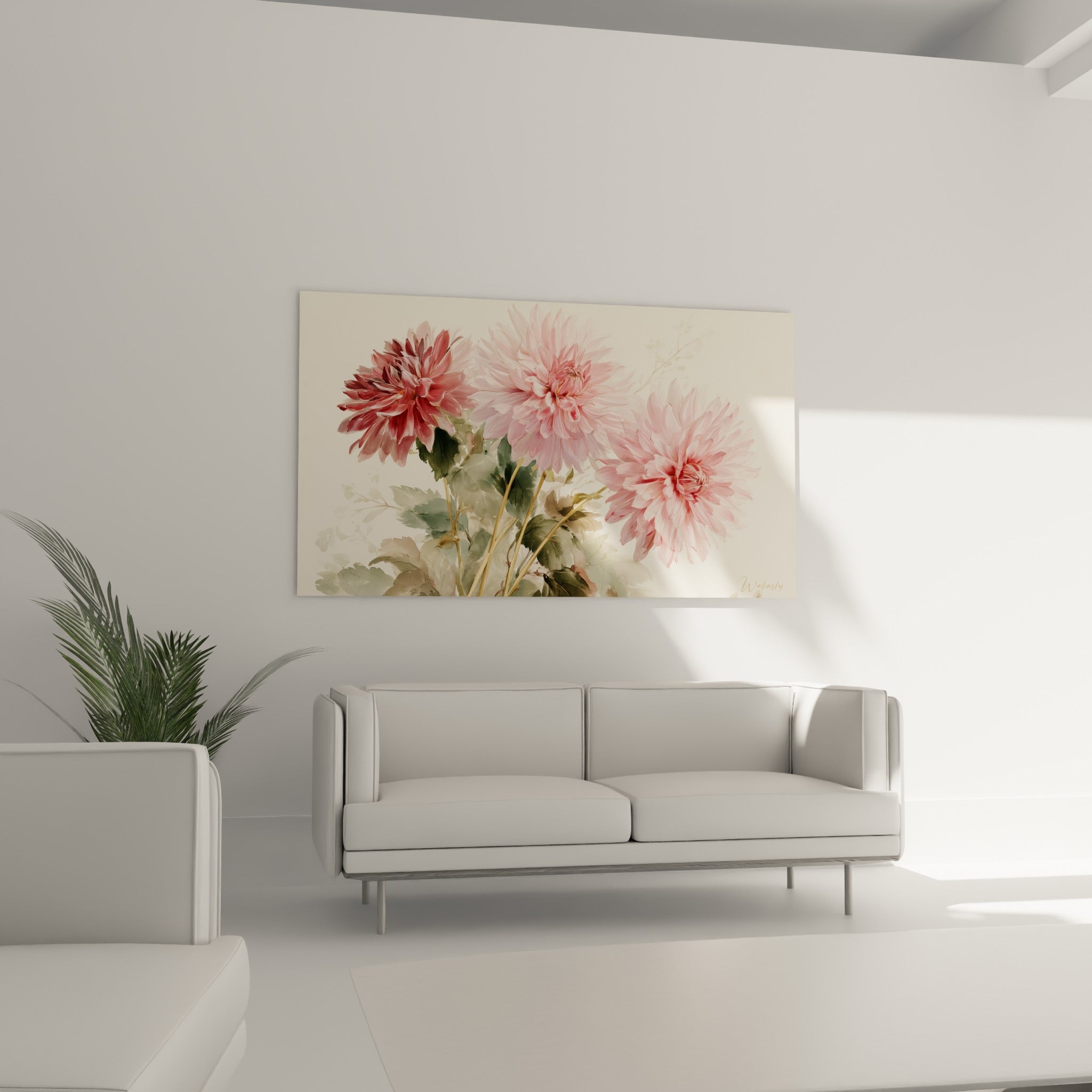 Fleurs de dahlia rose poudré et vert sauge accrochées au-dessus d'un canapé dans un salon lumineux