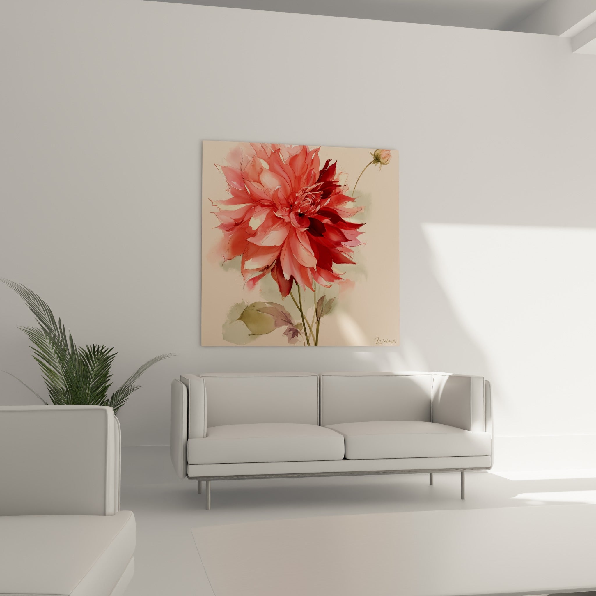 Pétales de dahlia corail et bordeaux déployés avec finesse, au-dessus d'un canapé dans un salon lumineux